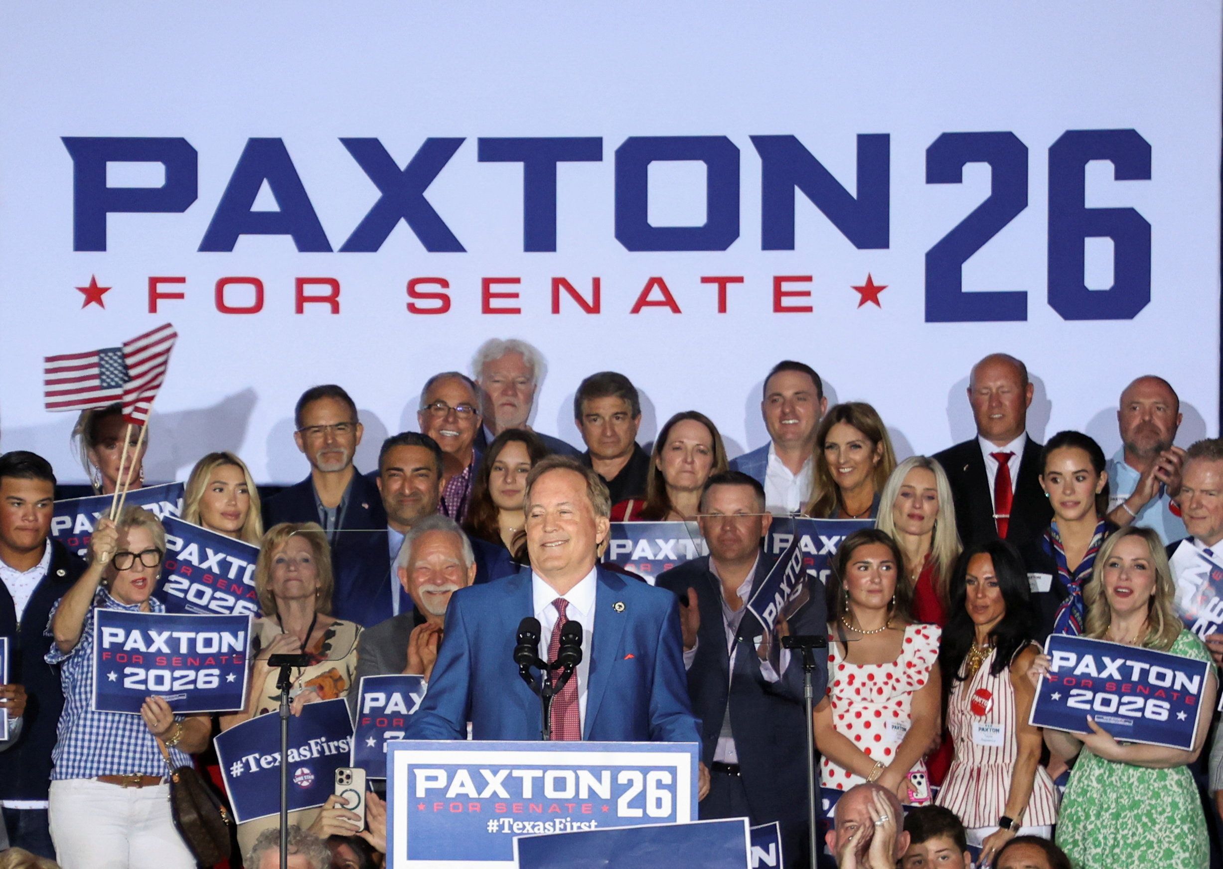 Texas Attorney General Ken Paxton speaks to supporters after winning the Republican runoff election for U.S. Senate in Texas, defeating incumbent U.S. Senator John Cornyn, in Plano, Texas, U.S., May 26, 2026. REUTERS/Evan Garcia