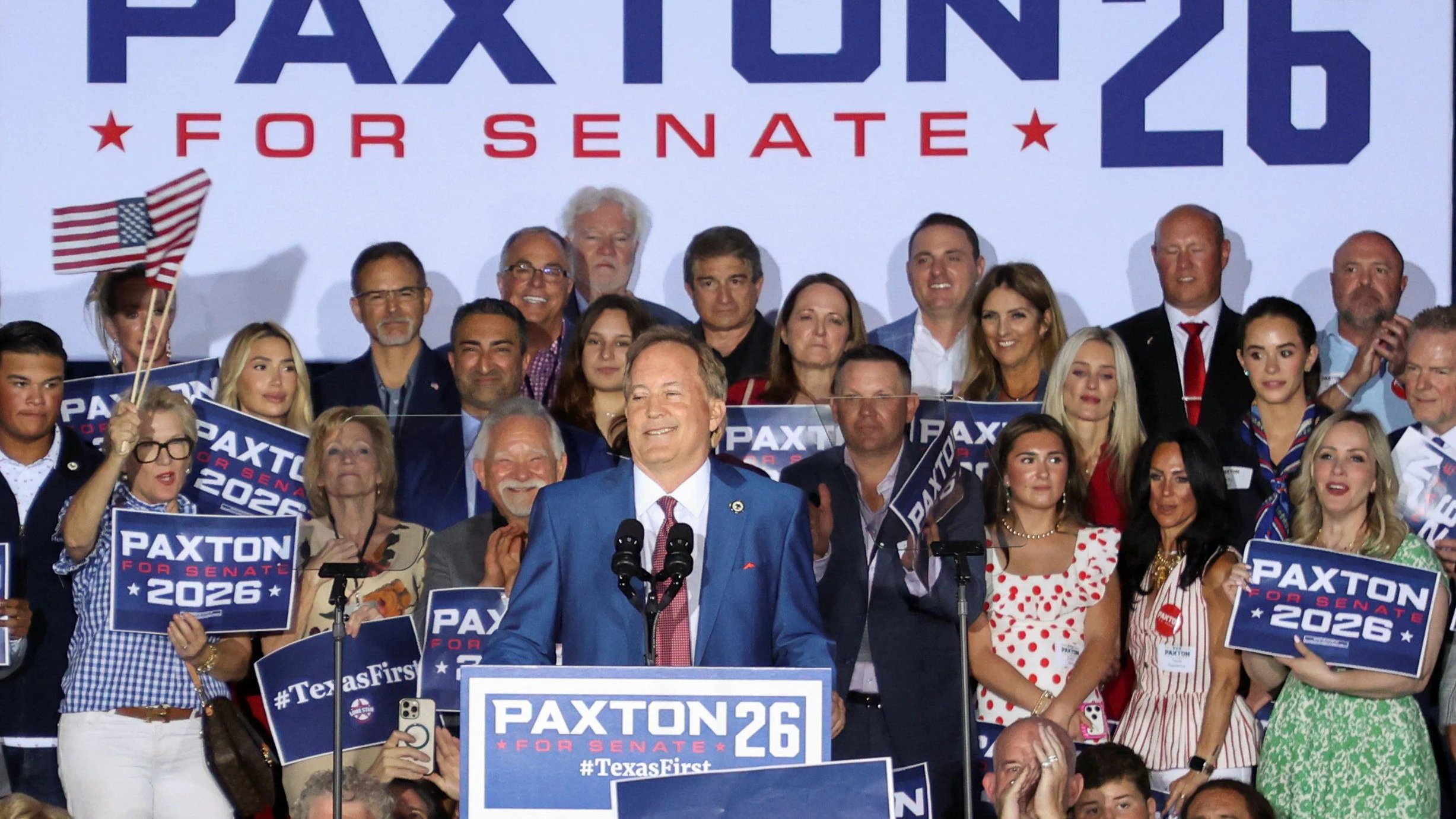 Texas Attorney General Ken Paxton speaks to supporters after winning the Republican runoff election for U.S. Senate in Texas, defeating incumbent U.S. Senator John Cornyn, in Plano, Texas, U.S., May 26, 2026. REUTERS/Evan Garcia