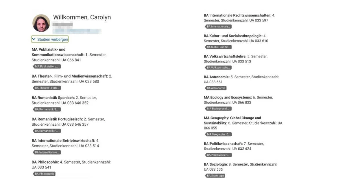 Die ganze Liste der Studien, die Carolyn absolviert.