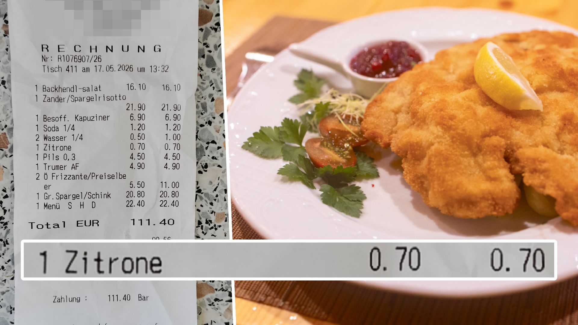 Das Restaurant verrechnete 70 Cent. Laut der Familie für nur eine Scheibe Zitrone. (Symbolbild)