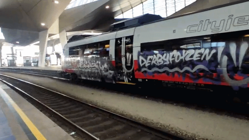 Am Wiener Hauptbahnhof stand am Freitag kurz nach 9 Uhr ein völlig mit Graffitis verunstalteter Zug der ÖBB.