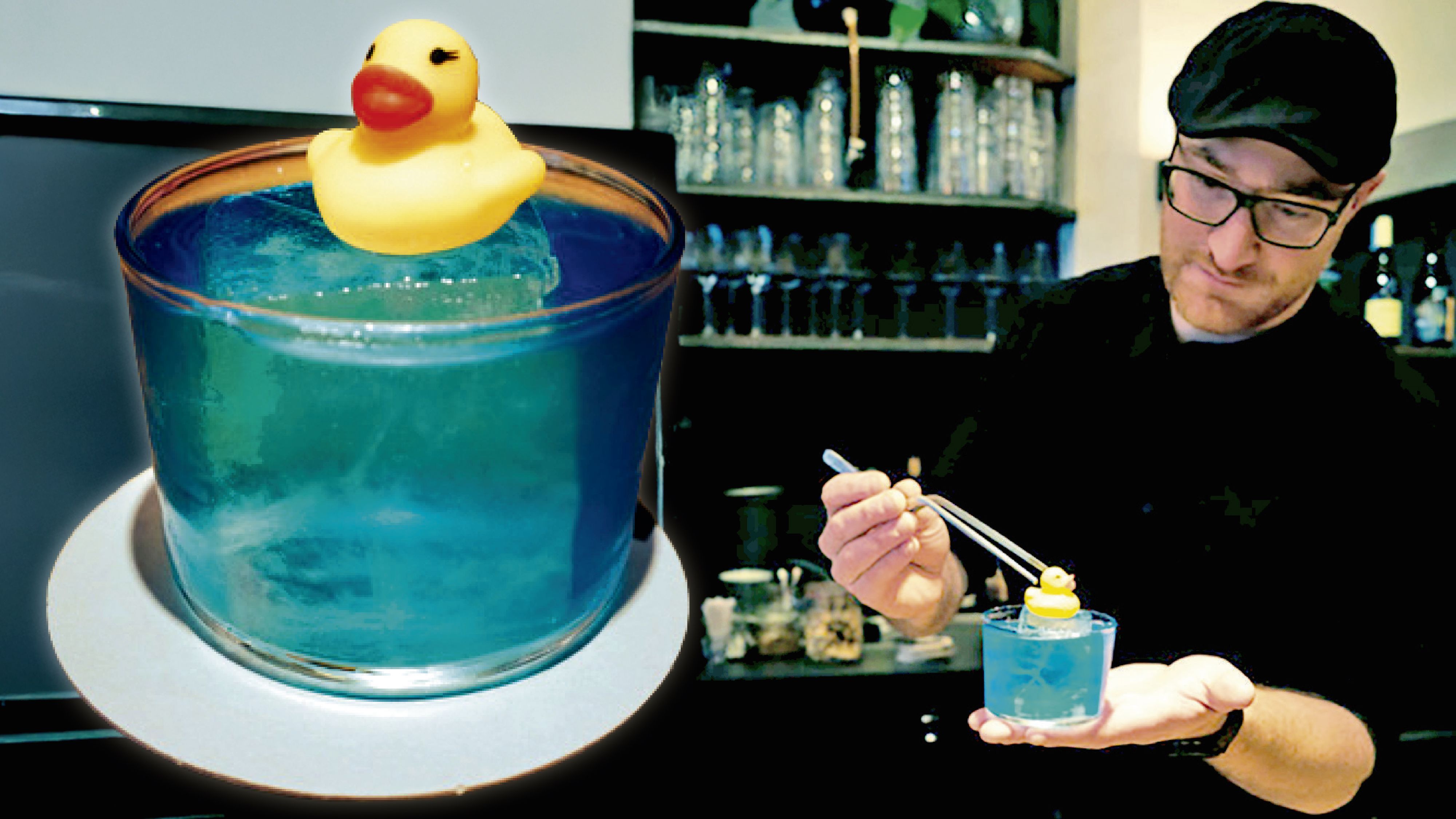 Der Cocktail mit Quietscheente und der Bar-Meister Stephan Haas.