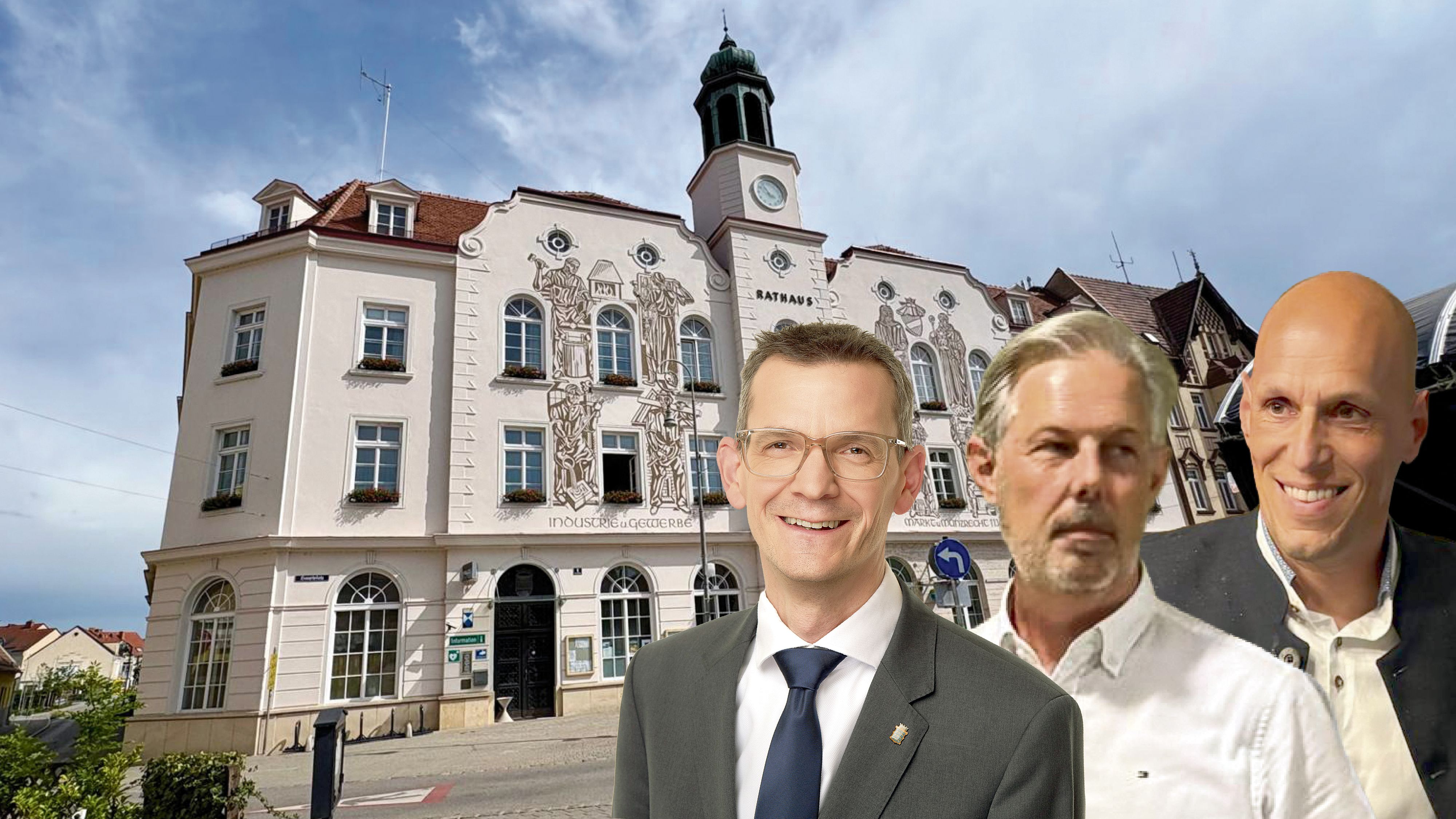Wahl in Neunkirchen: Das Rathaus, im Vordergrund Teix (VP), Kautz (SP), Fiedler (FP)