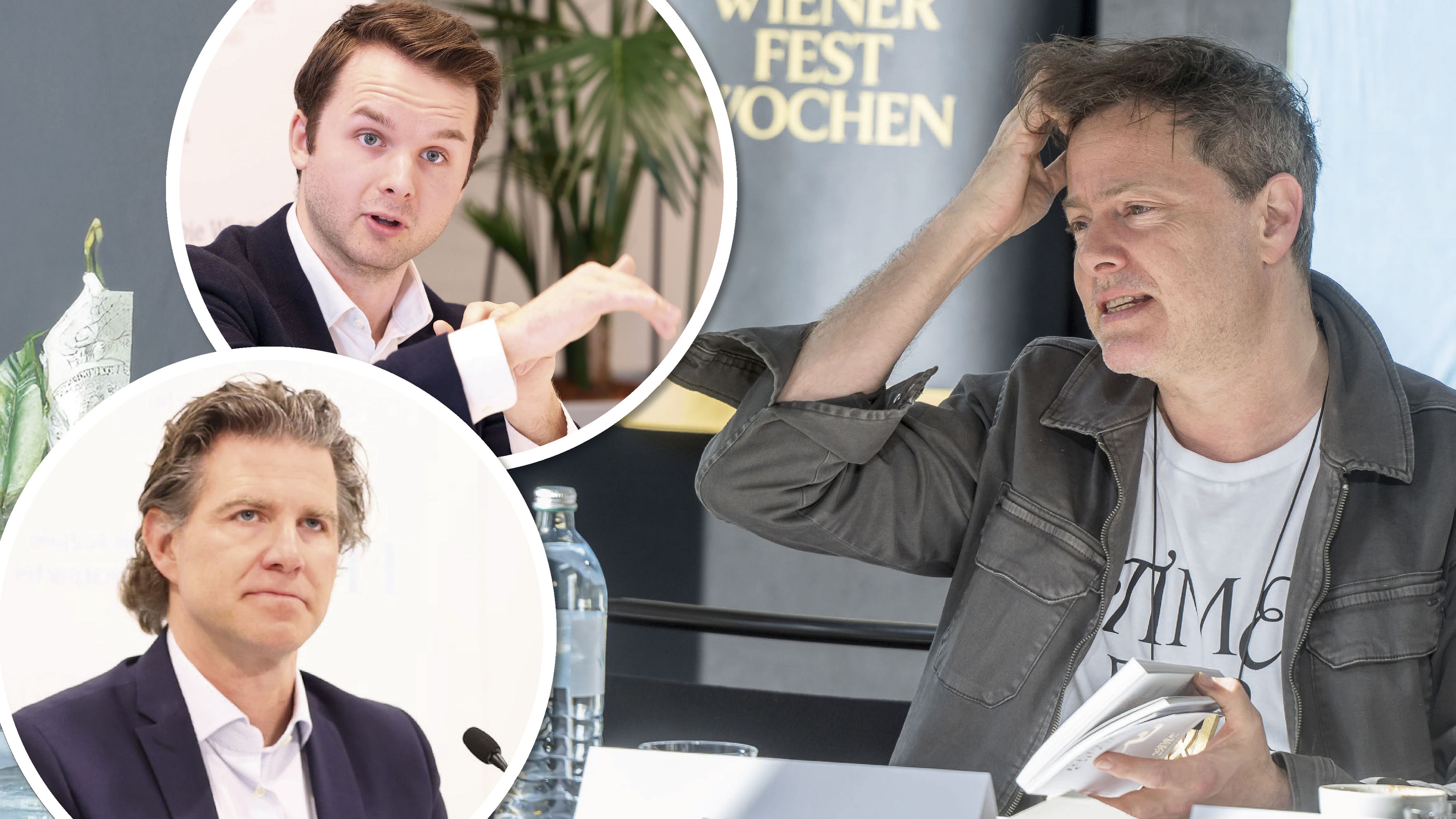 Brucker (FPÖ, u.) und Zierfuß (ÖVP) kritisieren Festwochen-Chef Rau (r.)