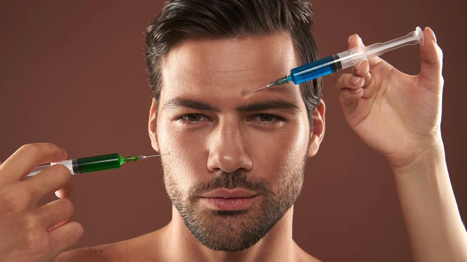 Esthetics beauty procedure. Close up portrait of young manful handsome male having filler injection in his forehead and cheek-bone. Isolated on brown