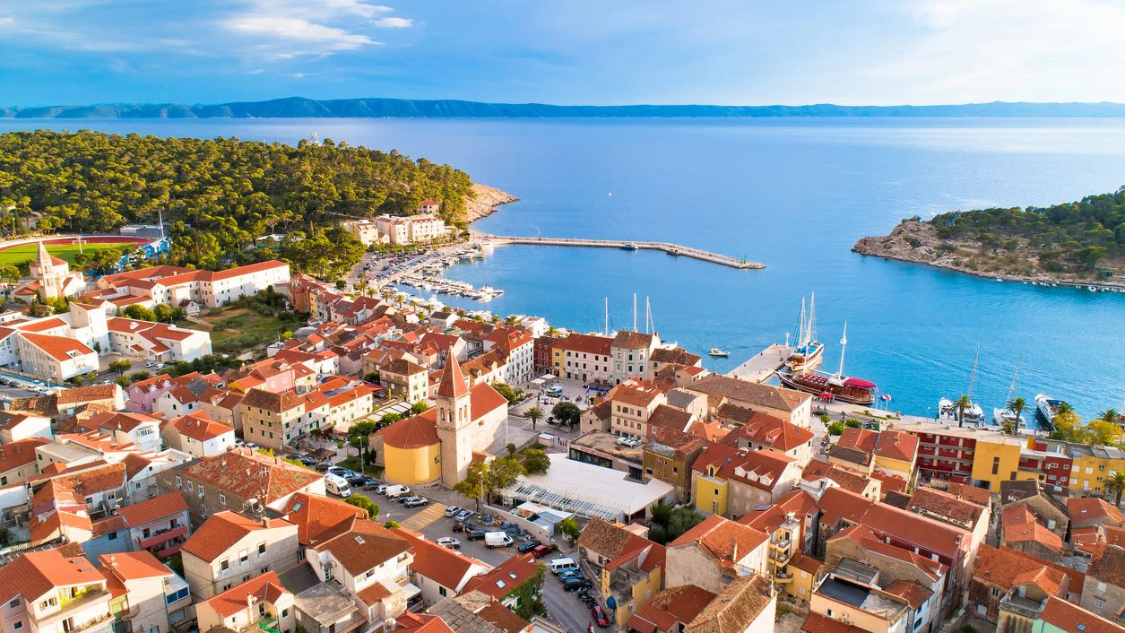 Makarska. Tourist city of Makarska waterfront aerial view, Dalmatia archipelago of Croatia