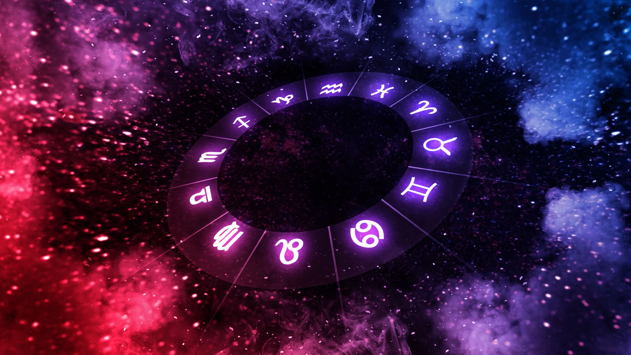 Zodiac signs inside of horoscope circle on universe. Astrology and horoscopes