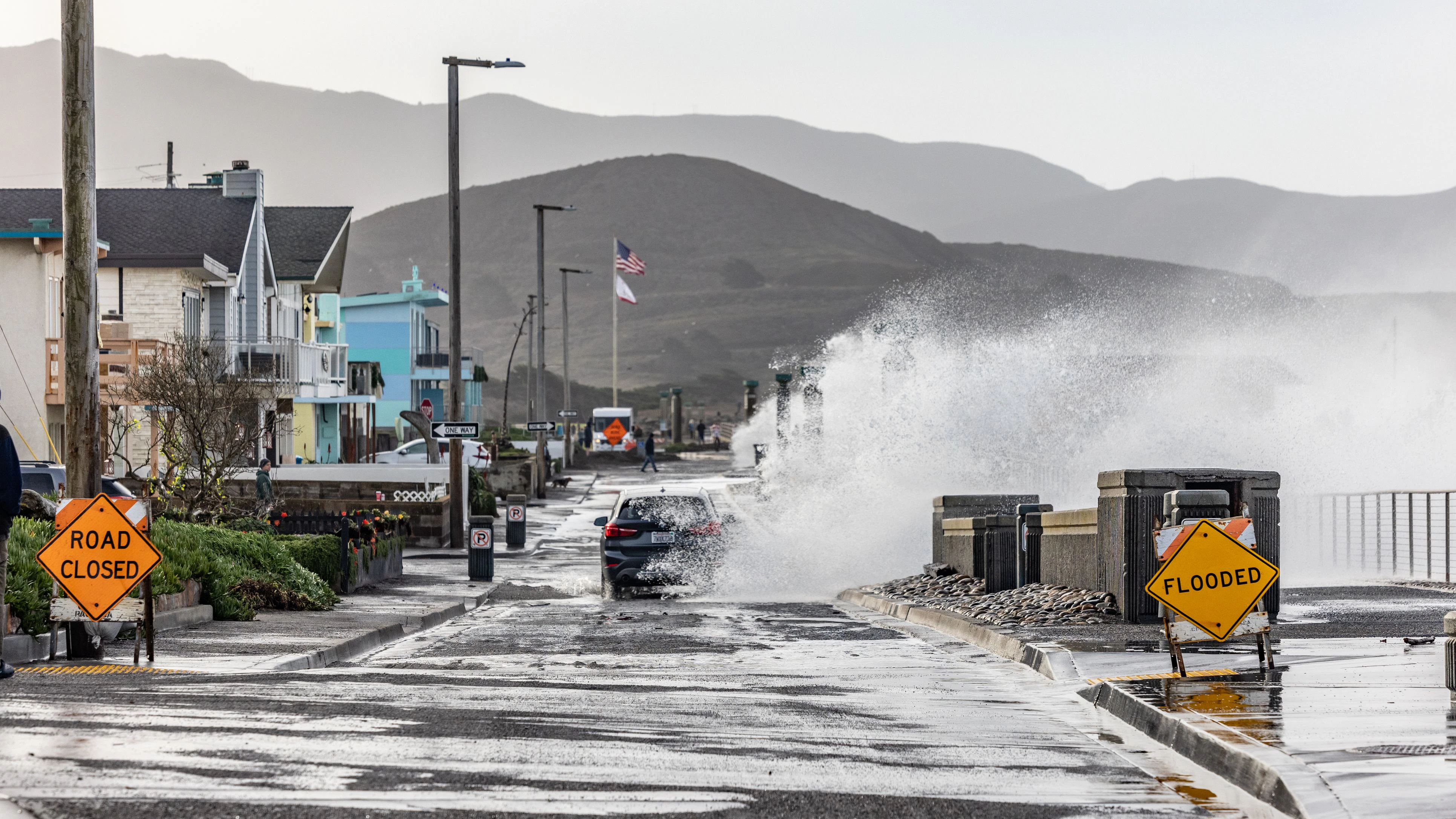 Pacifica California, USA - January 6, 2023: As a weather phenomena known as a bomb cyclone touched down in Northern California, widespread flooding and damage occurred, including in Pacifica, a costal hamlet a short drive South from San Francisco.