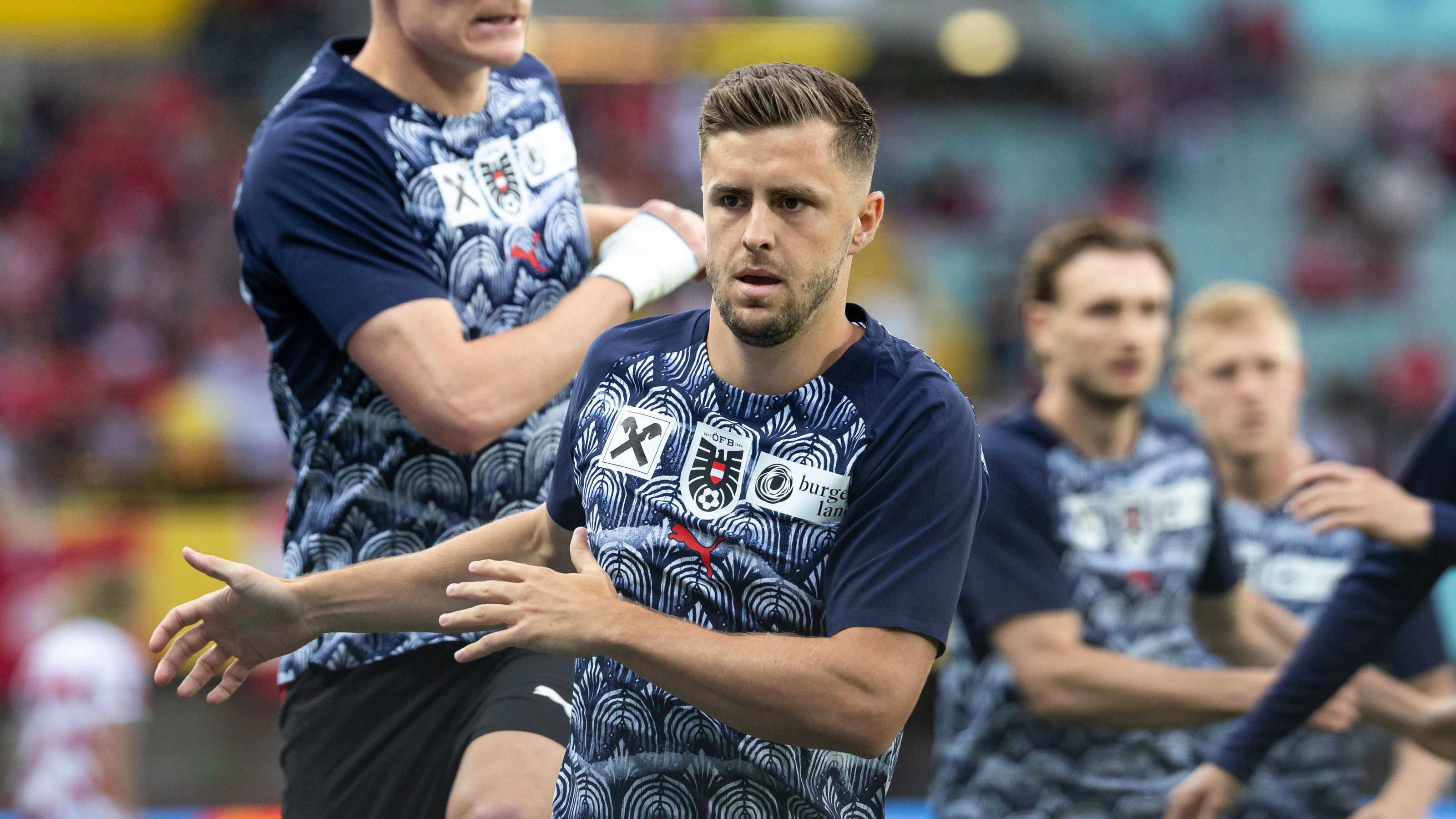 VIENNA,AUSTRIA,01.JUN.26 - SOCCER - OEFB international test match, Austria vs Tunisia. Image shows Philipp Lienhart and Christoph Baumgartner (AUT) during warm-up. Photo: GEPA pictures/ Armin Rauthner
