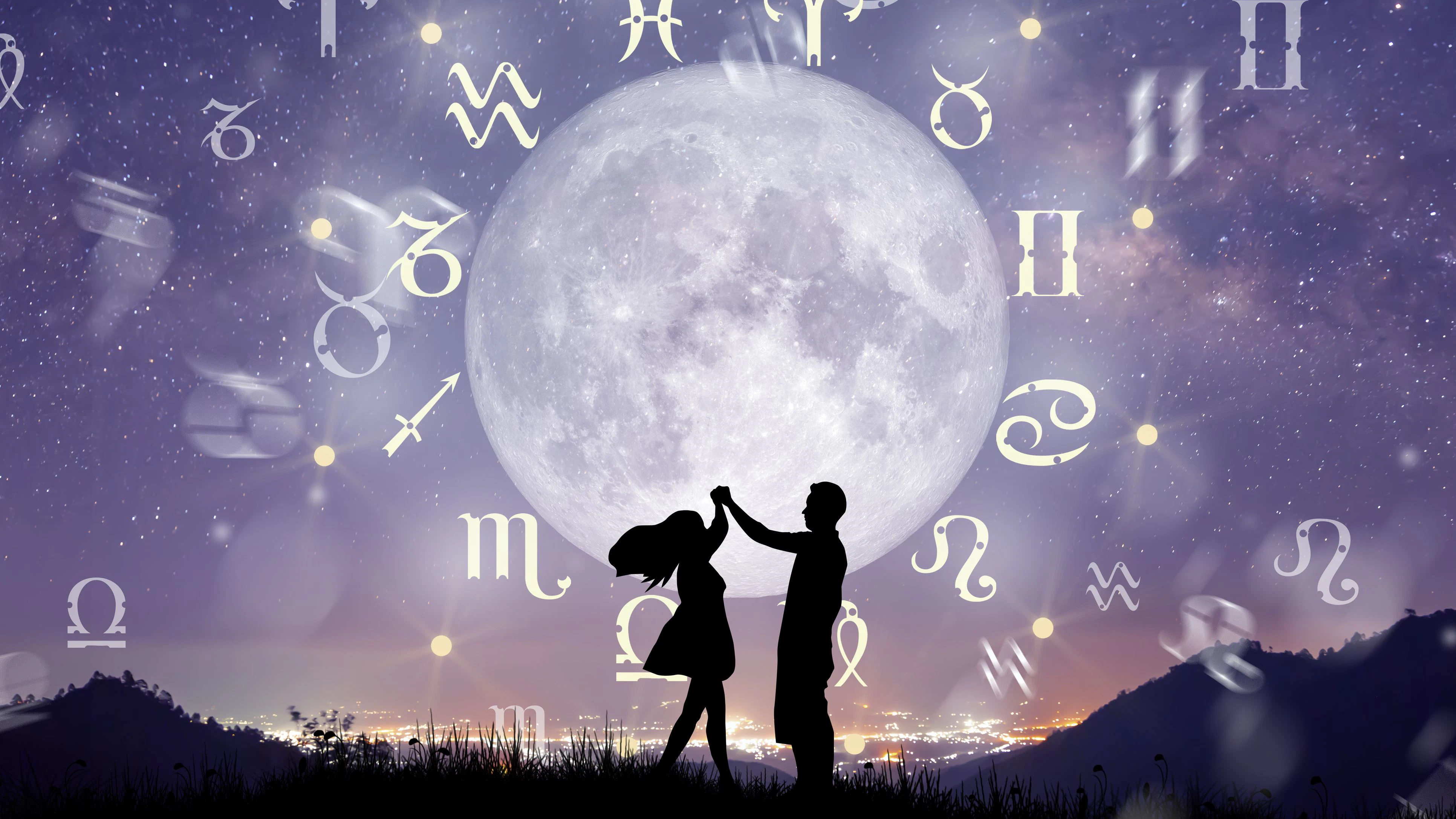 Astrological zodiac signs inside of horoscope circle. Couple singing and dancing over the zodiac wheel and milky way background. The power of the universe concept.
