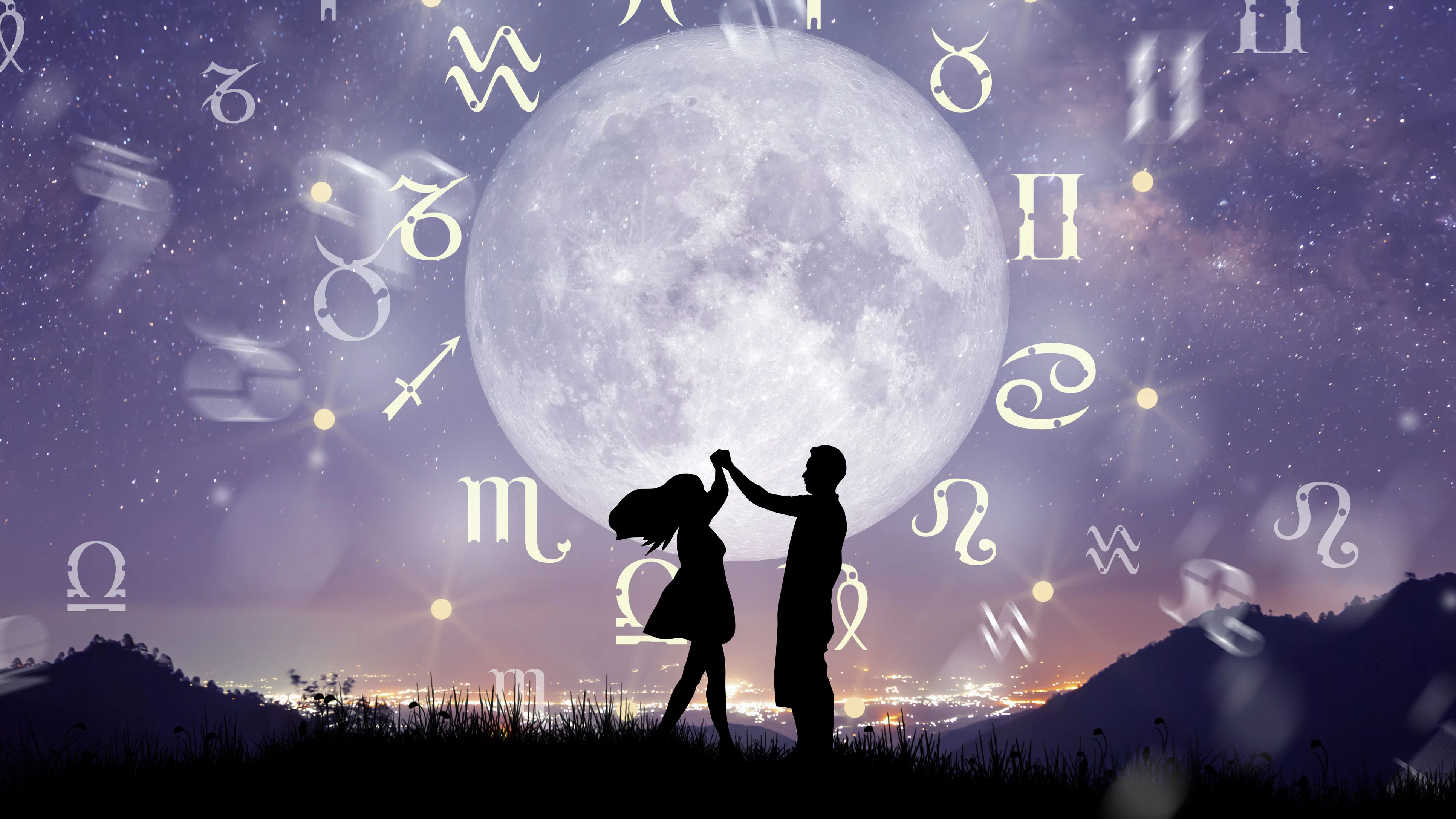 Astrological zodiac signs inside of horoscope circle. Couple singing and dancing over the zodiac wheel and milky way background. The power of the universe concept.