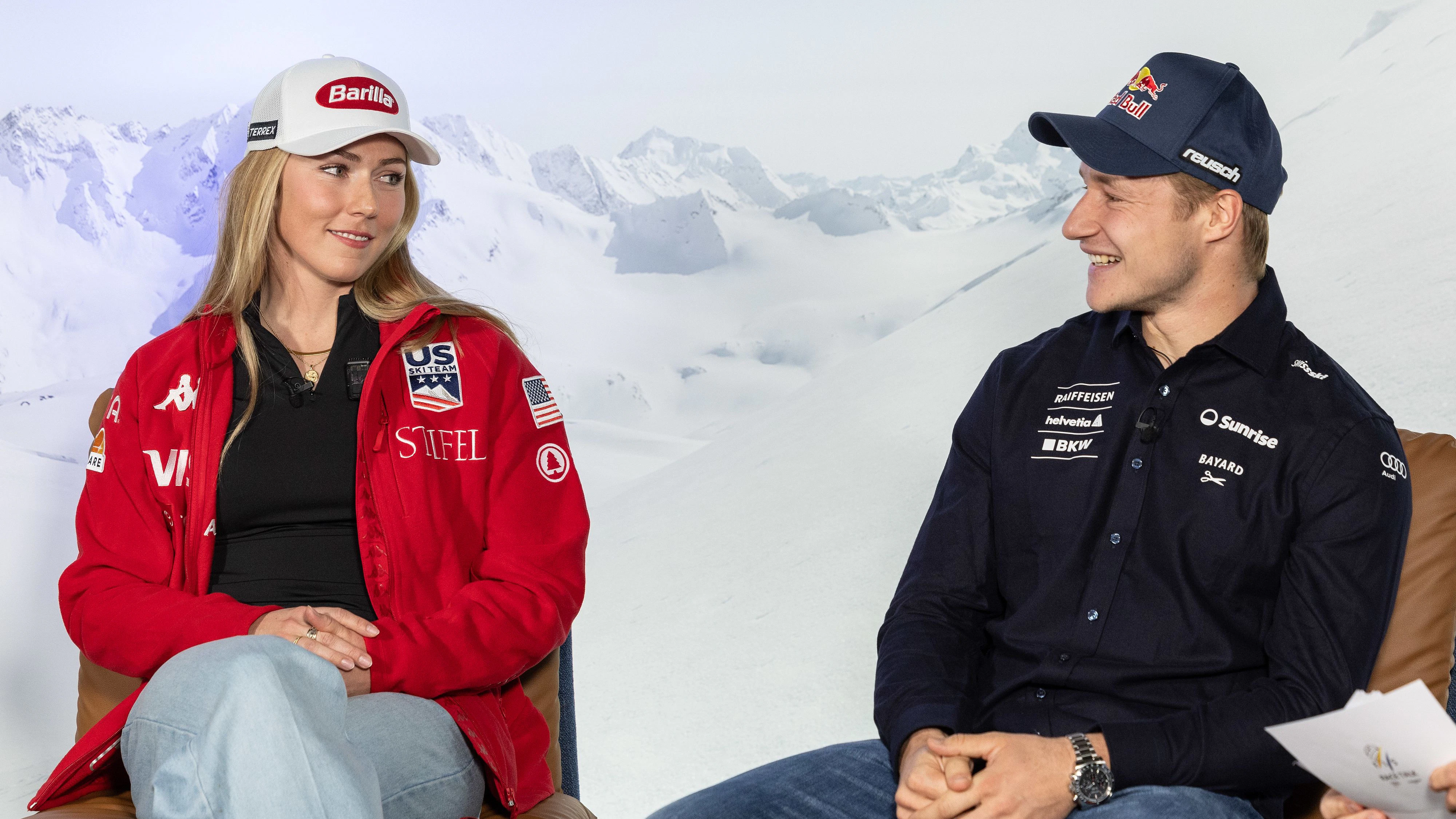 SOELDEN,AUSTRIA,25.OCT.24 - ALPINE SKIING - FIS World Cup season opening, Rettenbachferner, preview, side event, FIS Race Talk. Image shows Mikaela Shiffrin (USA) and Marco Odermatt (SUI). Photo: GEPA pictures/ Harald Steiner