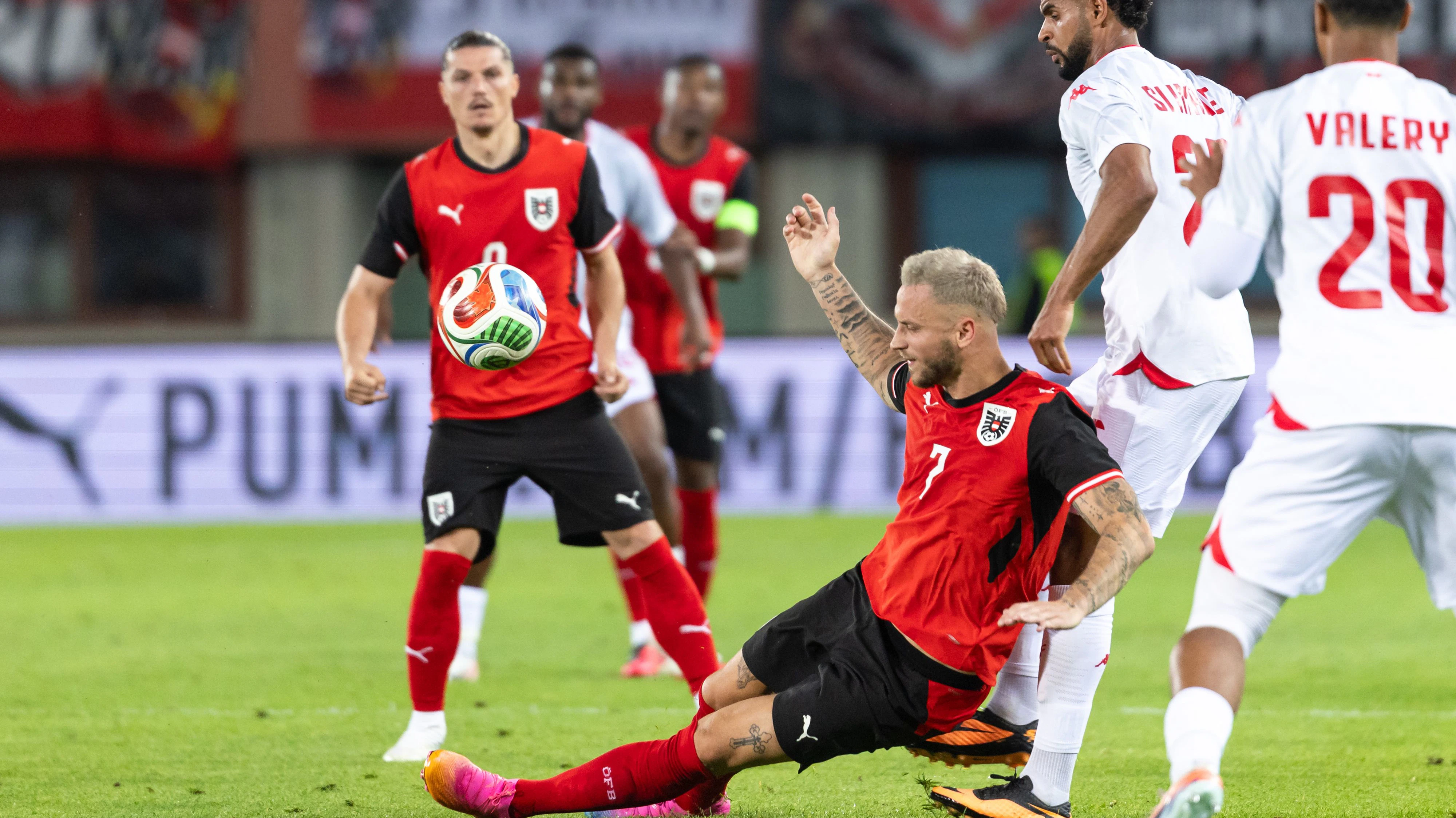 VIENNA,AUSTRIA,01.JUN.26 - SOCCER - OEFB international test match, Austria vs Tunisia. Image shows Marko Arnautovic (AUT) and Anis Ben Slimane (TUN). Photo: GEPA pictures/ Armin Rauthner
