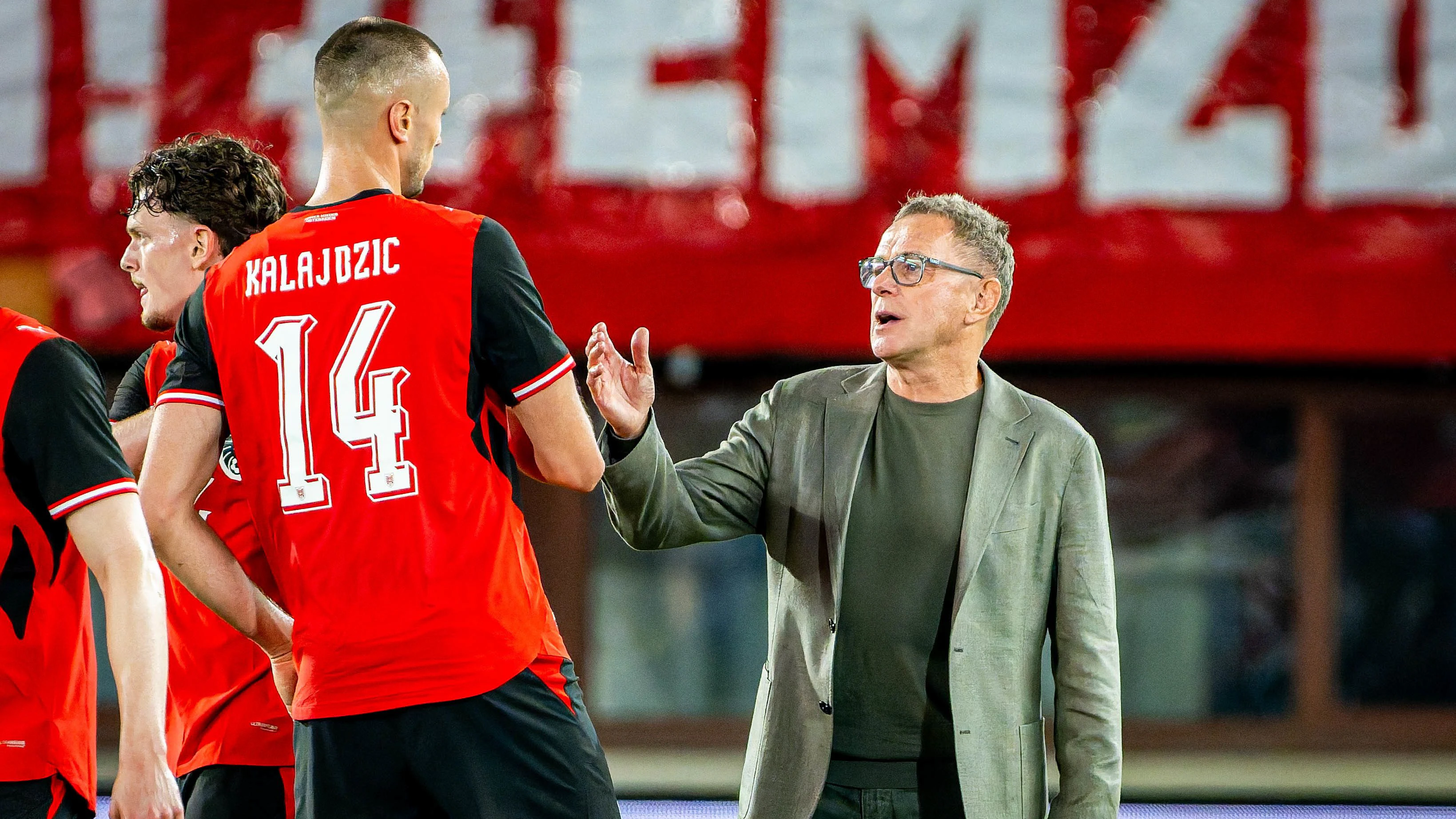 VIENNA,AUSTRIA,01.JUN.26 - SOCCER - OEFB international test match, Austria vs Tunisia. Image shows the rejoicing of Sasa Kalajdzic and head coach Ralf Rangnick (AUT). Photo: GEPA pictures/ Kevin Hackner