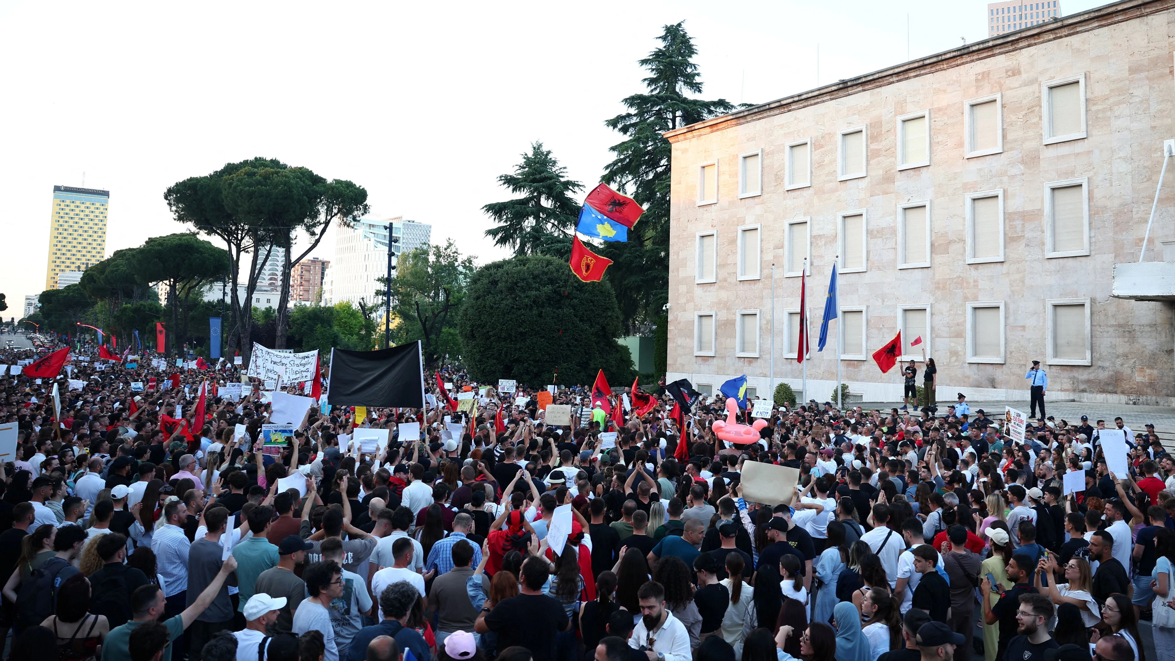 People protest against a luxury resort a plan by a company linked with Donald Trump's son-in-law Jared Kushner in a protected area, in Tirana , Albania, June 2, 2026. REUTERS/Florion Goga   