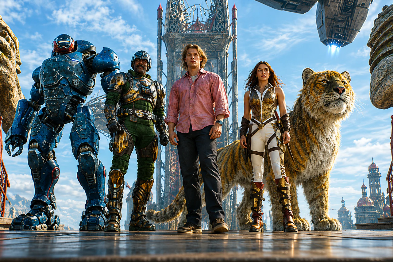 Bereit, Eternia zu retten: Roboto (Kristen Wiig), Man-At-Arms alias Duncan (Idris Elba), Adam alias He-Man (Nicholas Galitzine), Teela (Camila Mendes) und He-Mans Reittier Battle Cat (v. l.)