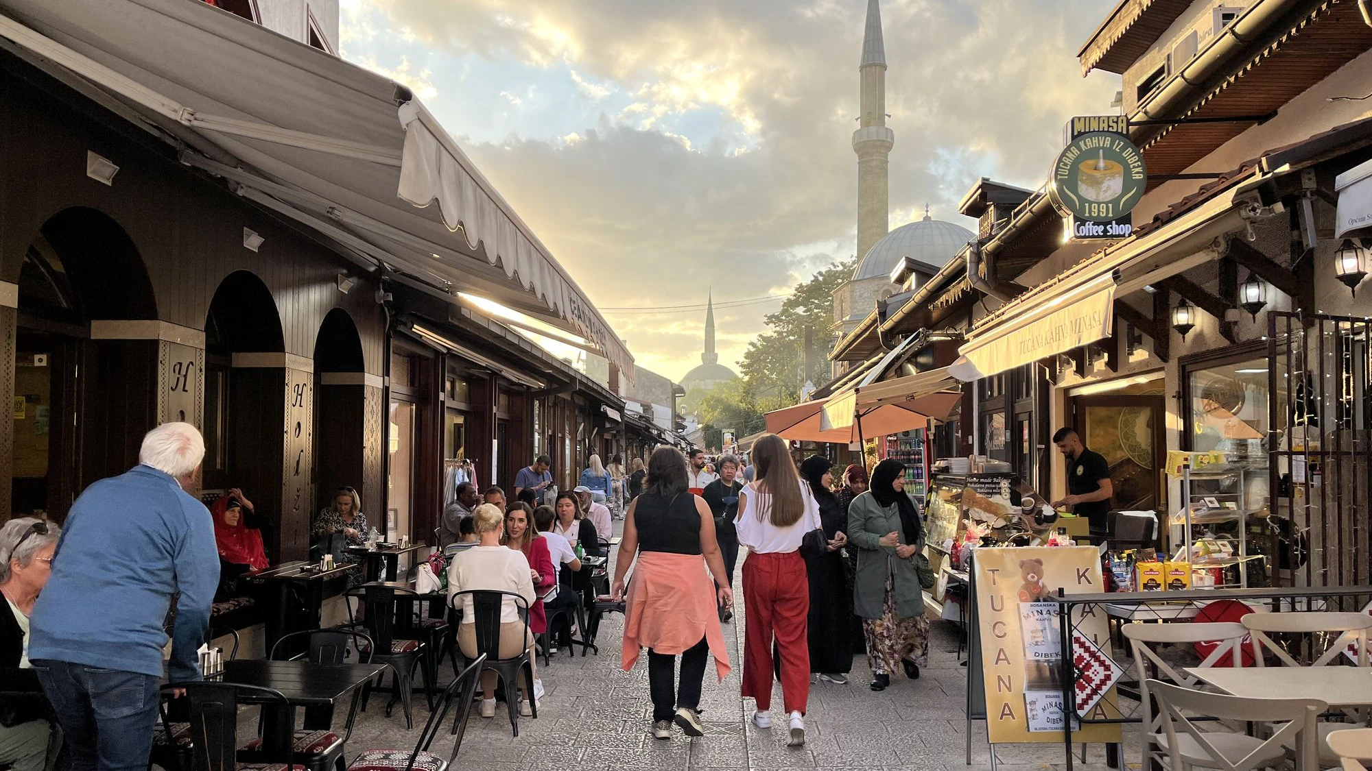 Sarajevo, Bosnia 09.29.2023 - Bustling Street Scene in Sarajevo, Bosnia during Sunset