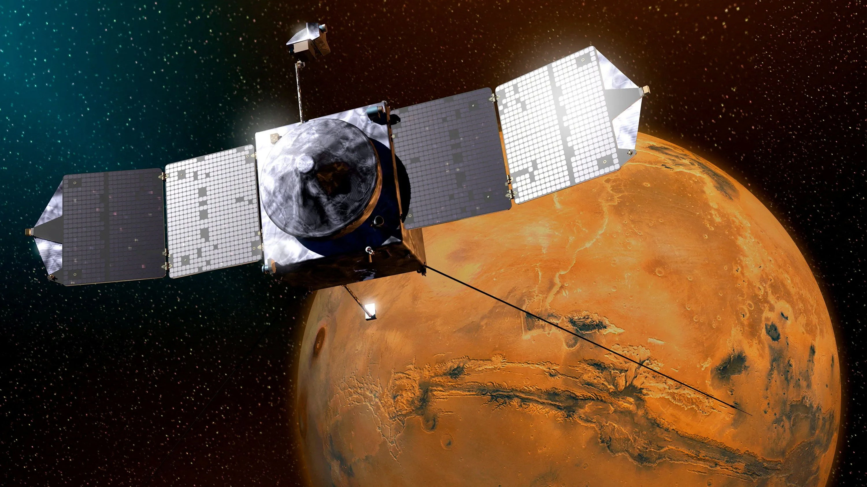 An artist’s concept of NASA’s MAVEN spacecraft orbiting Mars. NASA/Goddard/University of Colorado/Laboratory for Atmospheric and Space Physics/Handout via REUTERS    THIS IMAGE HAS BEEN SUPPLIED BY A THIRD PARTY