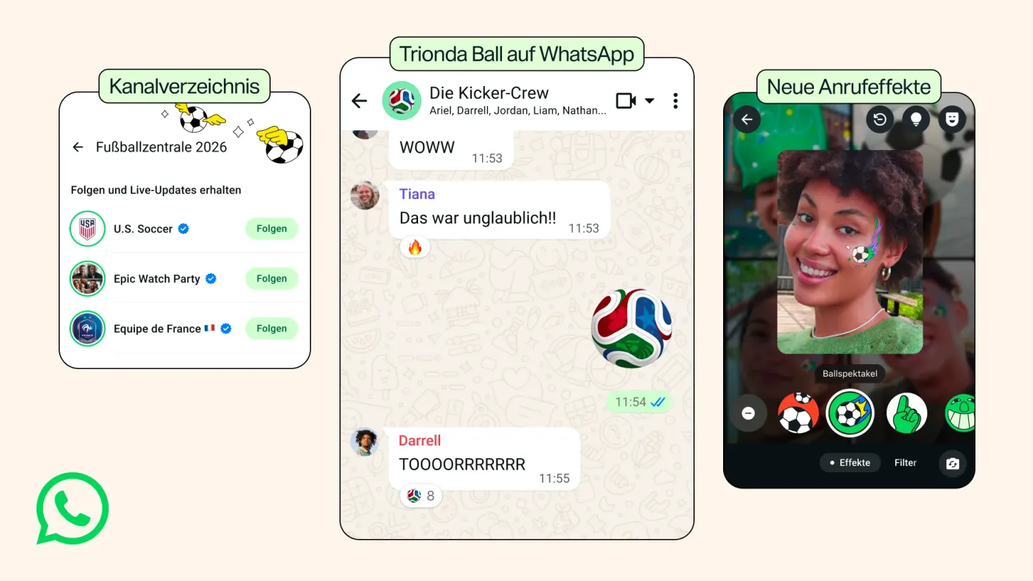 Neue WhatsApp-Funktionen: Ab sofort und bis zum WM-Finale wird das Fußball-Emoji mit dem Trionda-Ball aufgewertet (Mitte).