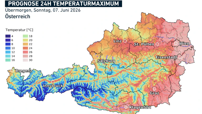 Prognose Temperaturmaximum für Sonntag, 07.06.2026