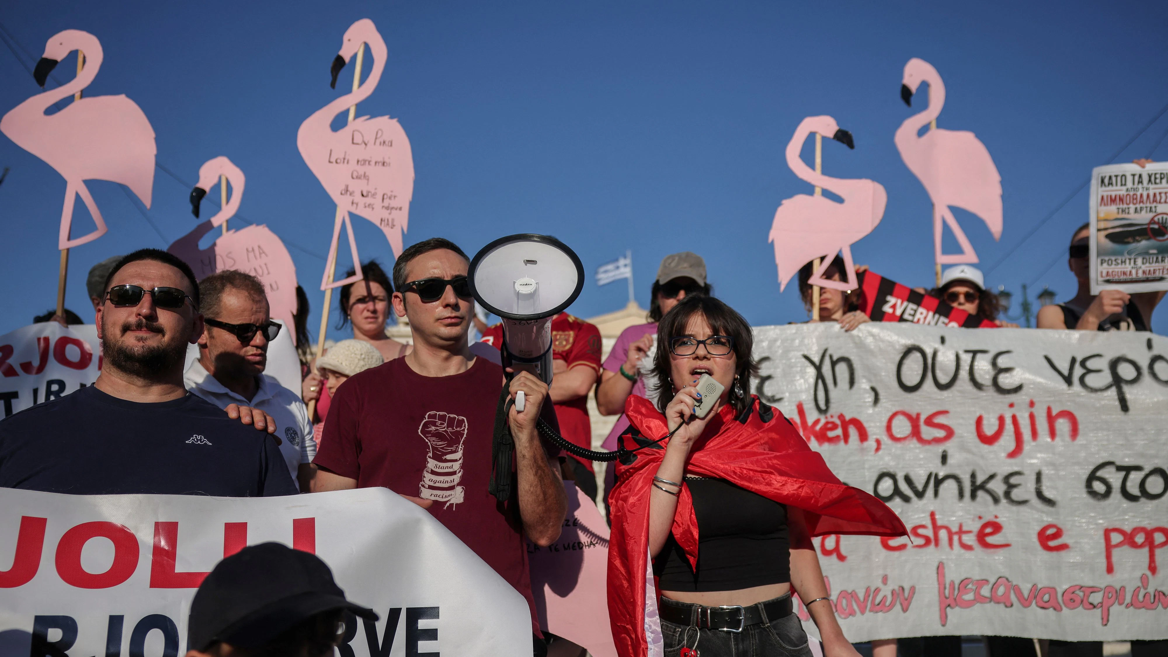 Members of the Albanian community and supporters hold cardboard-cut flamingos during a protest in solidarity with protesters in Albania against a development planned by a company linked to Donald Trump's son-in-law, Jared Kushner, on an environmentally sensitive part of the Adriatic coast, in Athens, Greece, June 6, 2026. REUTERS/Louisa Gouliamaki
