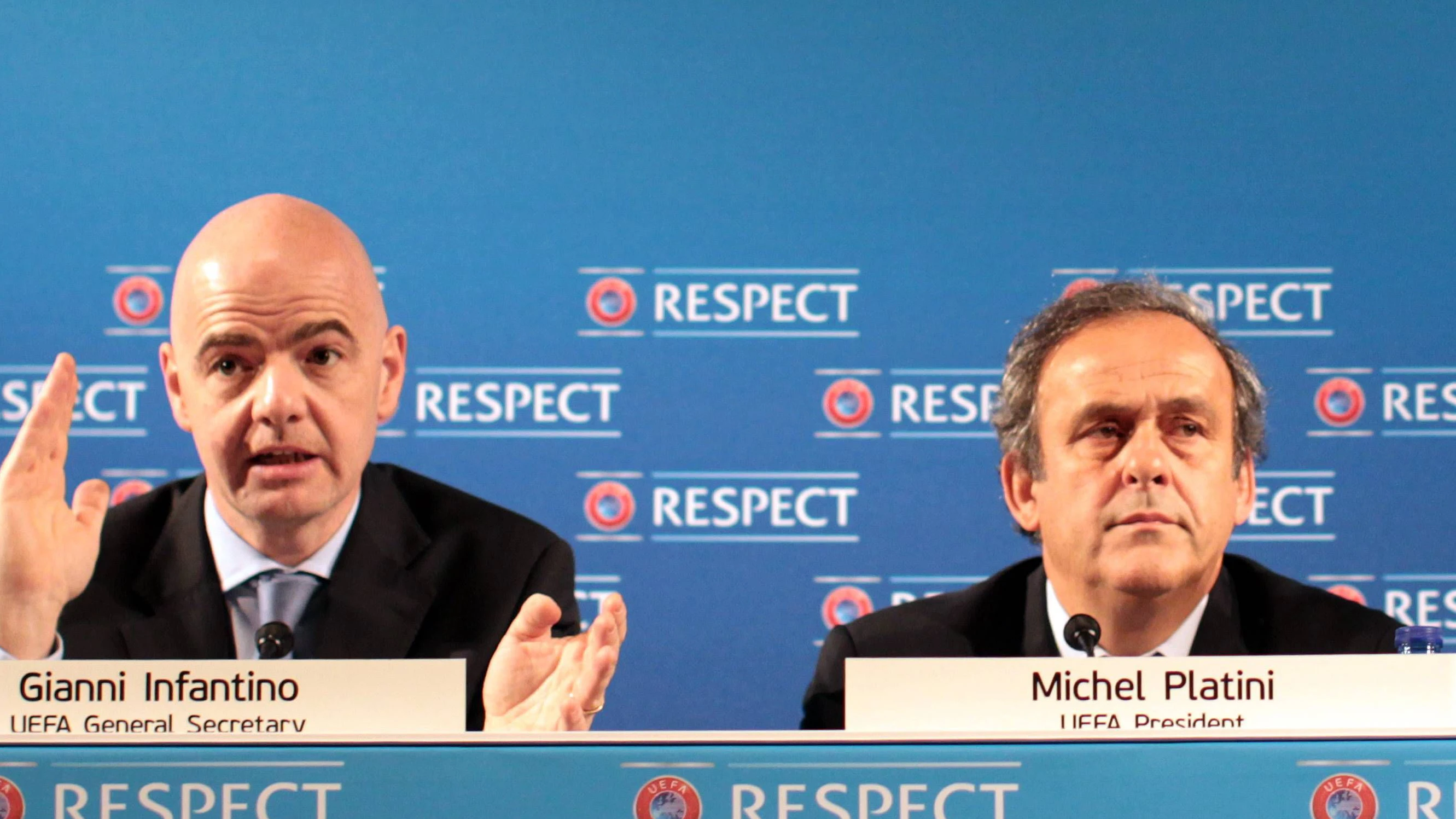 22.02.2014, Nizza - UEFA Pressekonferenz - GIANI INFANTINO, UEFA Präsident MICHEL PLATINI - PUBLICATIONxNOTxINxPOL 20140222CSLG0001  22 02 2014 Nice UEFA Press conference Giani Infantino UEFA President Michel Platini PUBLICATIONxNOTxINxPOL