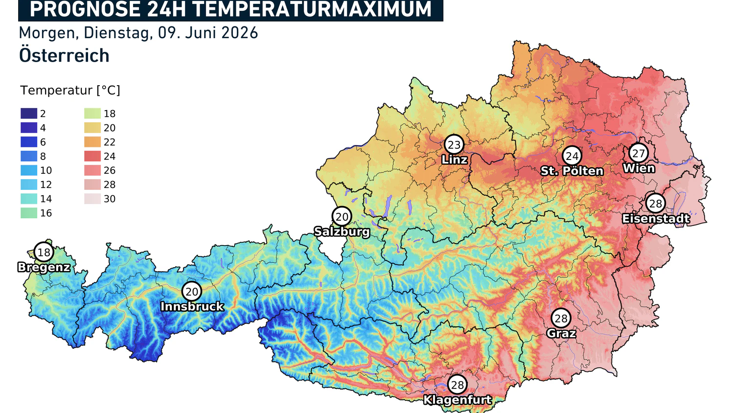 Die Höchstwerte am Dienstag mit einem sommerlichen Süden und Osten.