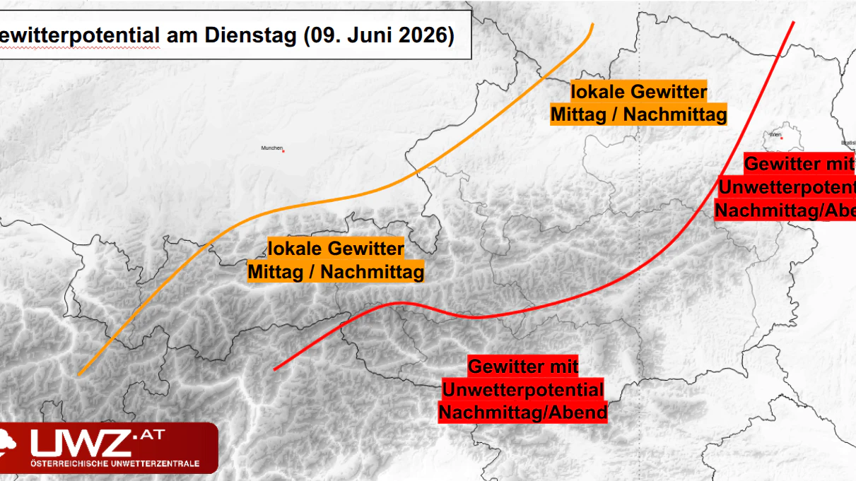 Überblick der Gewittergefahr am Dienstag.