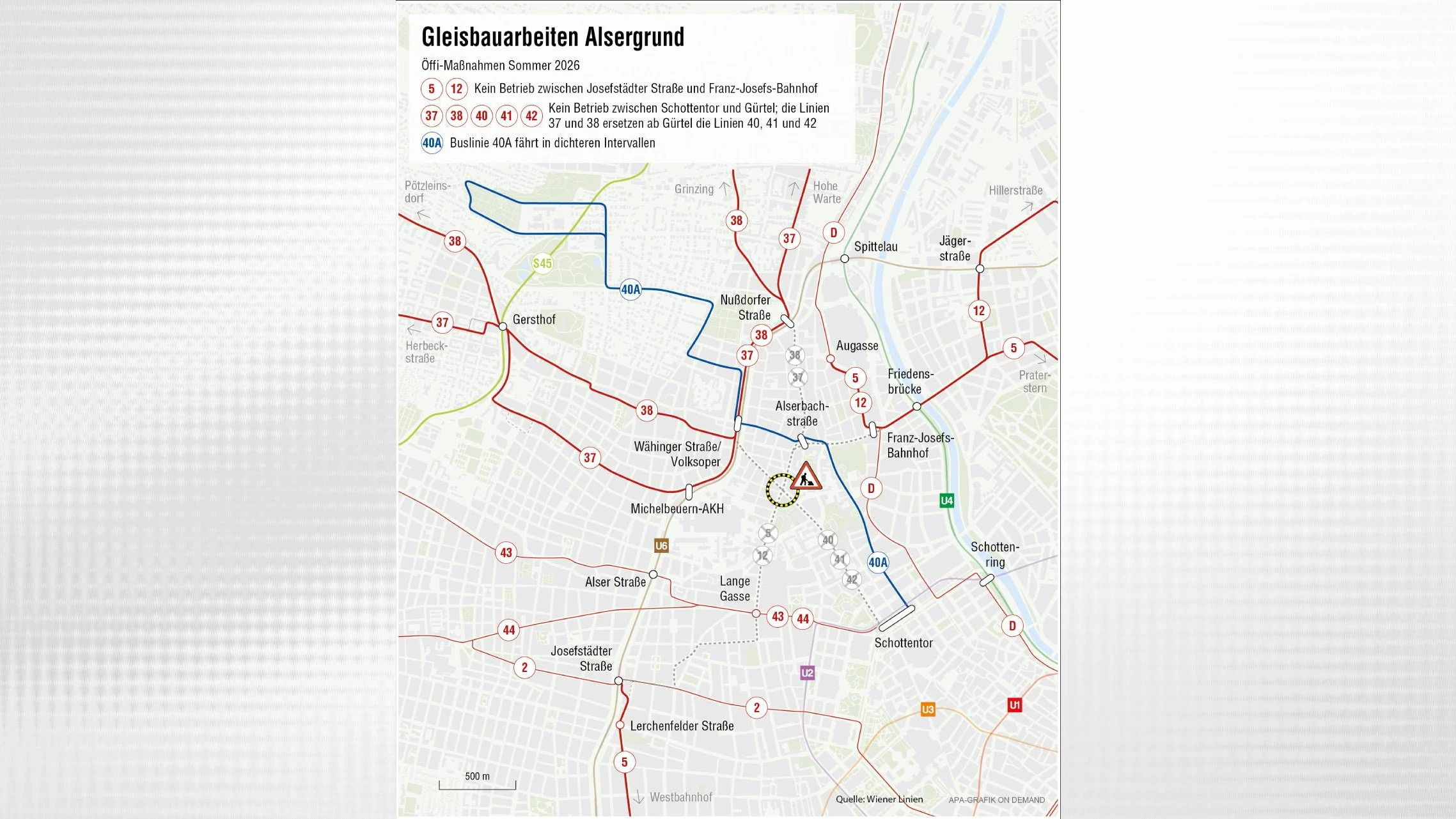 Umfangreiche Baustelle am Kreuzungsplateau Währinger Straße, Spitalgasse und Nußdorfer Straße