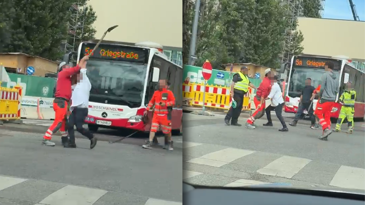 Streit eskaliert: Mann geht auf Security mit Schaufel los.