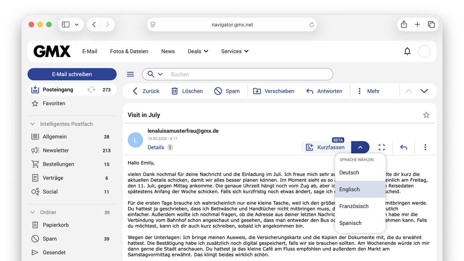 Die KI im GMX Postfach fasst längere E-Mails automatisch zusammen.