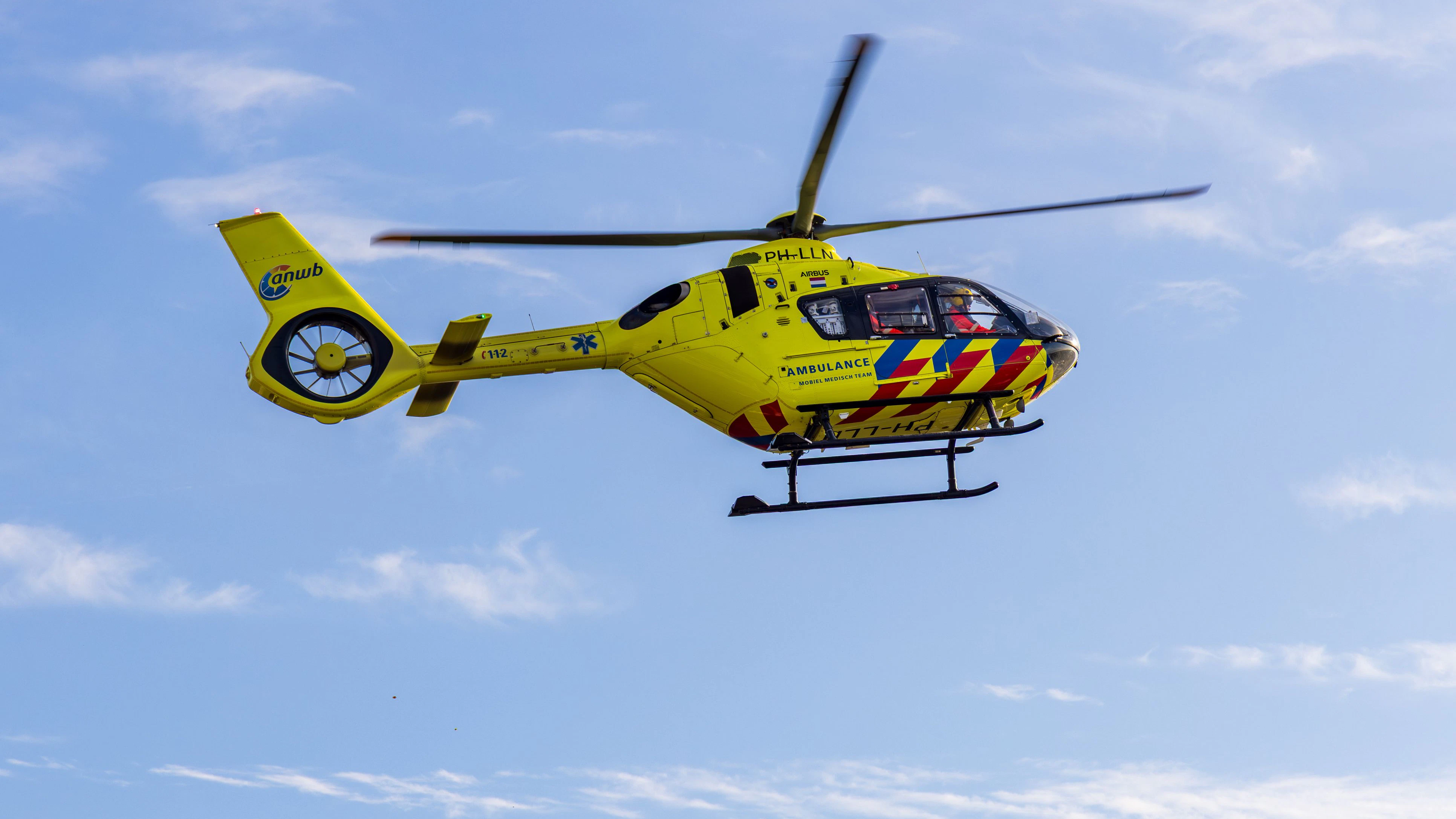 Haarlem, Netherlands -  November 30, 2024: Dutch trauma helicopter flying away after a medical intervention