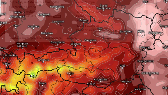 Die fast schon weiße Fläche in Wien und dem Weinviertel entsprechen 39 Grad. 