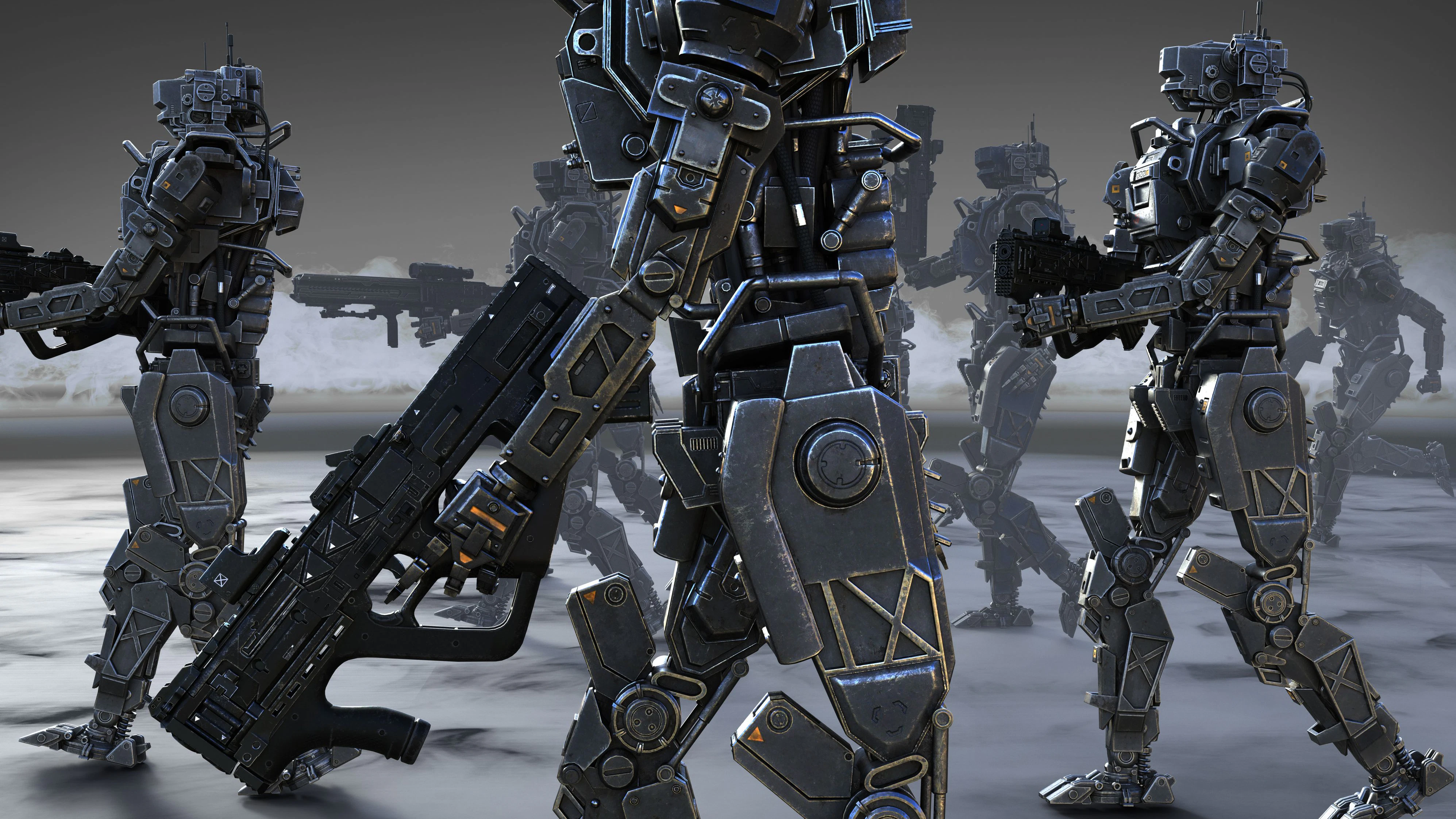 3d Illustration of a group cyborgs mission. Invasion of military robots warfare.
