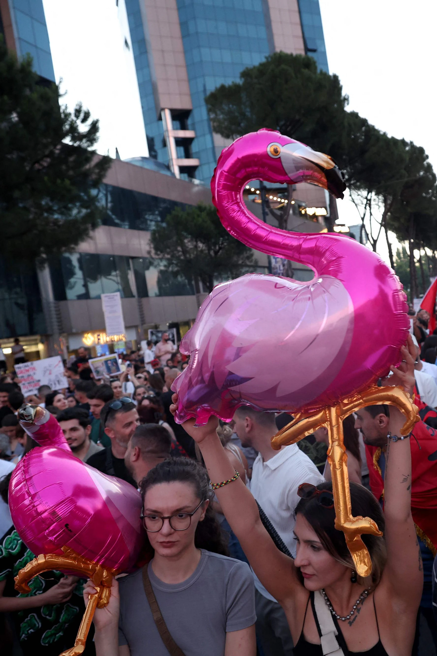 "Flamingo-Revolution" gegen Trumps Schwiegersohn Jared Kushner und sein Luxusresort: Protestzug in Albaniens Hauptstadt Tirana am 10. Juni 2026