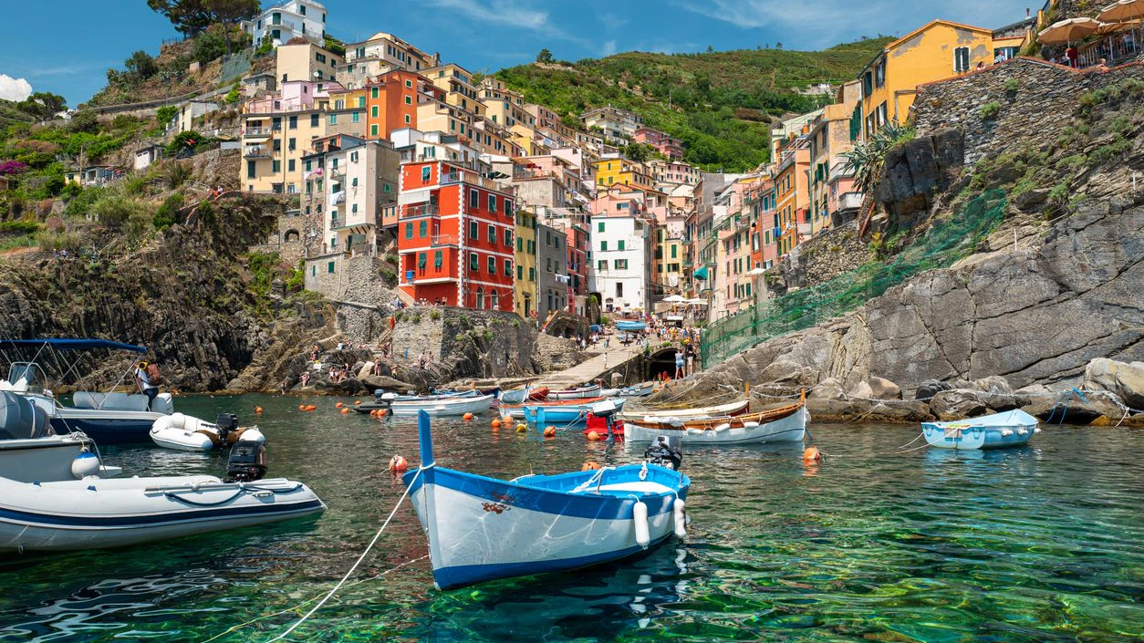 Sea view of Riomaggiore village in Cinque Terre, Italy.