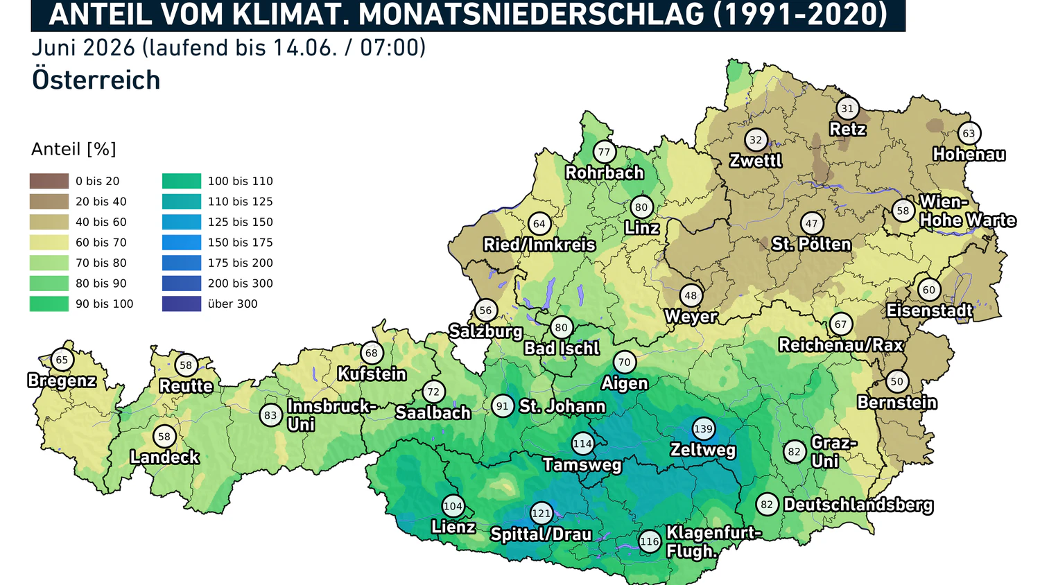 Niederschlagsabweichung im Juni