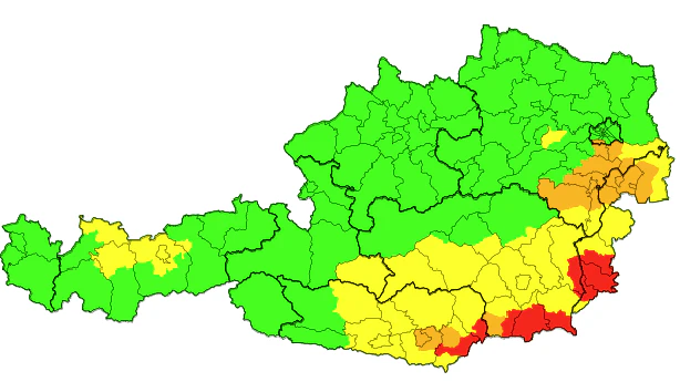 Die Unwetterwarnungen für Österreich um 17 Uhr. 
