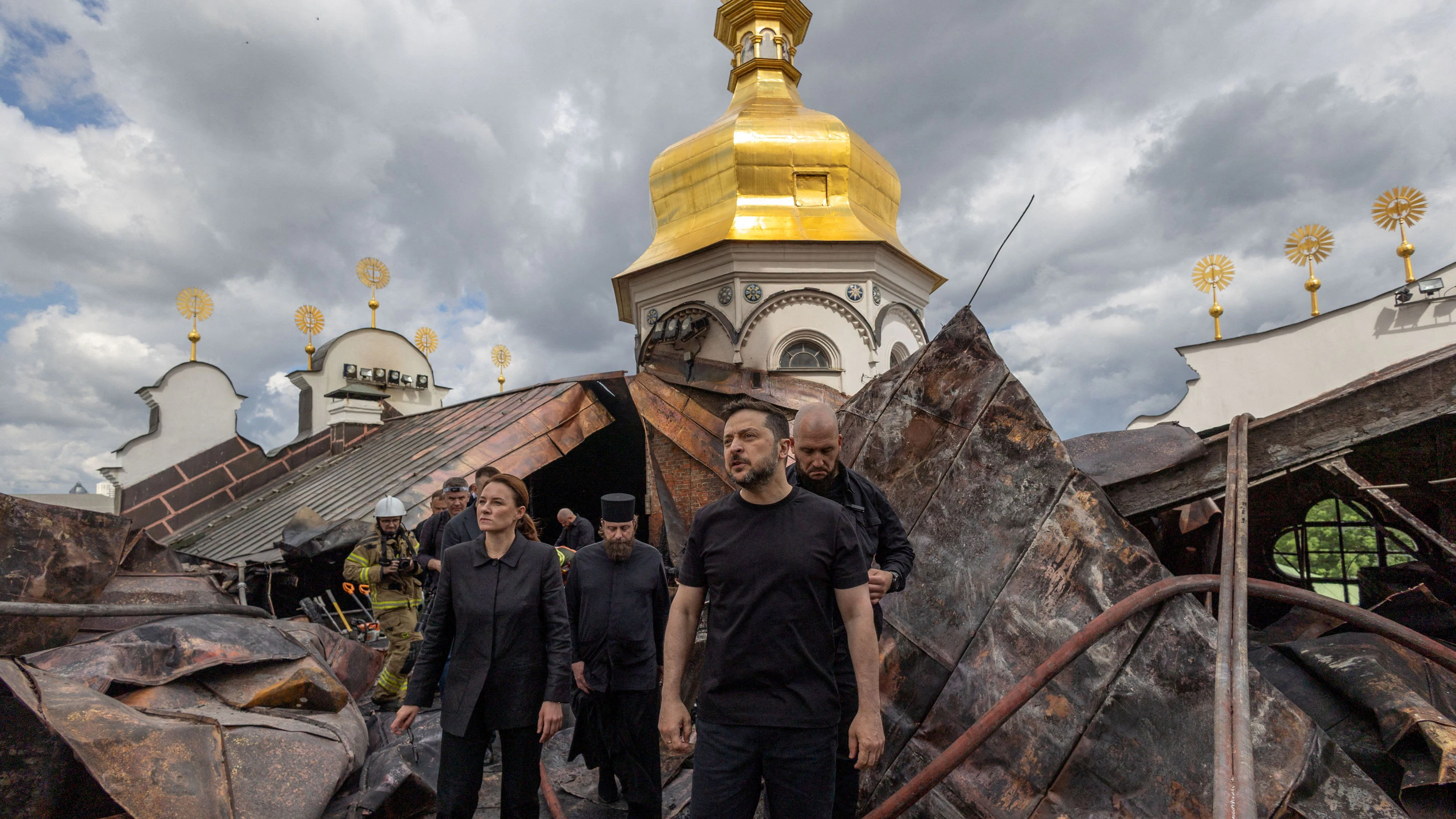 Ukraine's President Volodymyr Zelenskiy and Ukrainian Prime Minister Yulia Svyrydenko visit the Dormition Cathedral of the Kyiv Pechersk Lavra, which was hit during Russian missile and drone strikes, amid Russia's attack on Ukraine, in Kyiv, Ukraine June 15, 2026. Ukrainian Presidential Press Service/Handout via REUTERS ATTENTION EDITORS - THIS IMAGE HAS BEEN SUPPLIED BY A THIRD PARTY.        TPX IMAGES OF THE DAY     