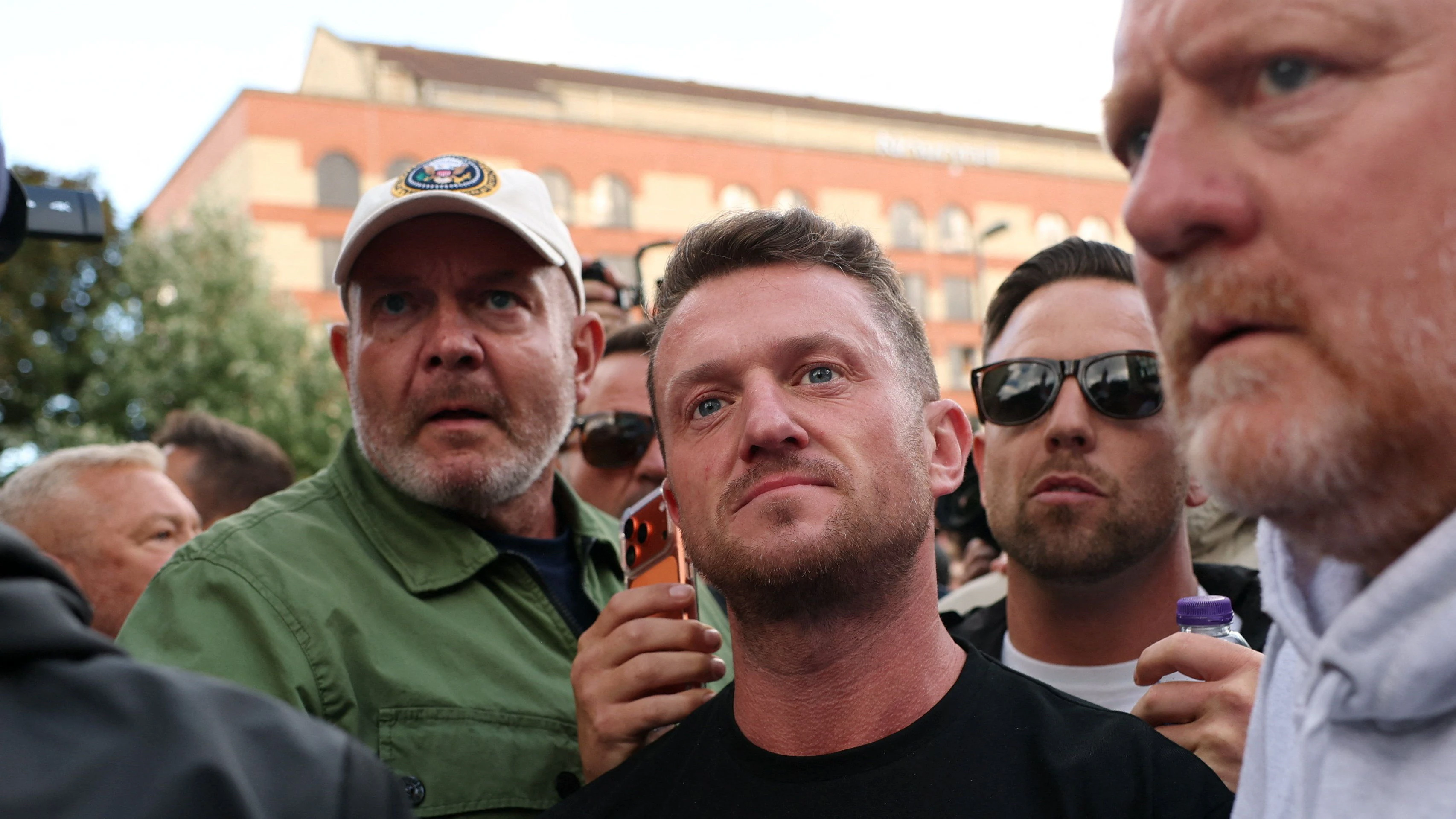 Tommy Robinson looks on as demonstrators gather outside Southampton Central Police Station following the conviction of Vikrum Digwa for the murder of student Henry Nowak, in Southampton, Britain, June 2, 2026. REUTERS/Isabel Infantes