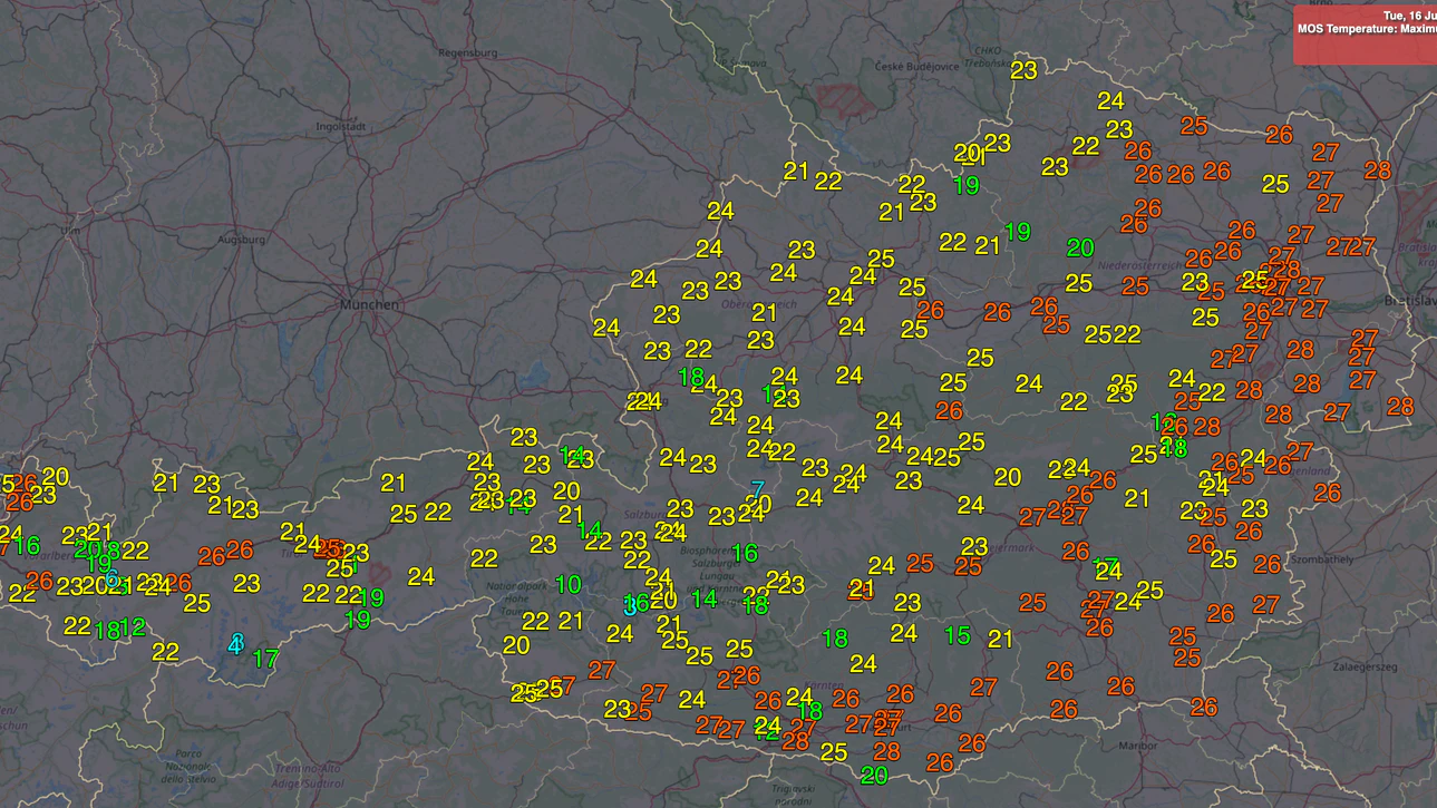 Aktuelle Prognose der Höchsttemperaturen am Dienstag, dem 16.06.2026