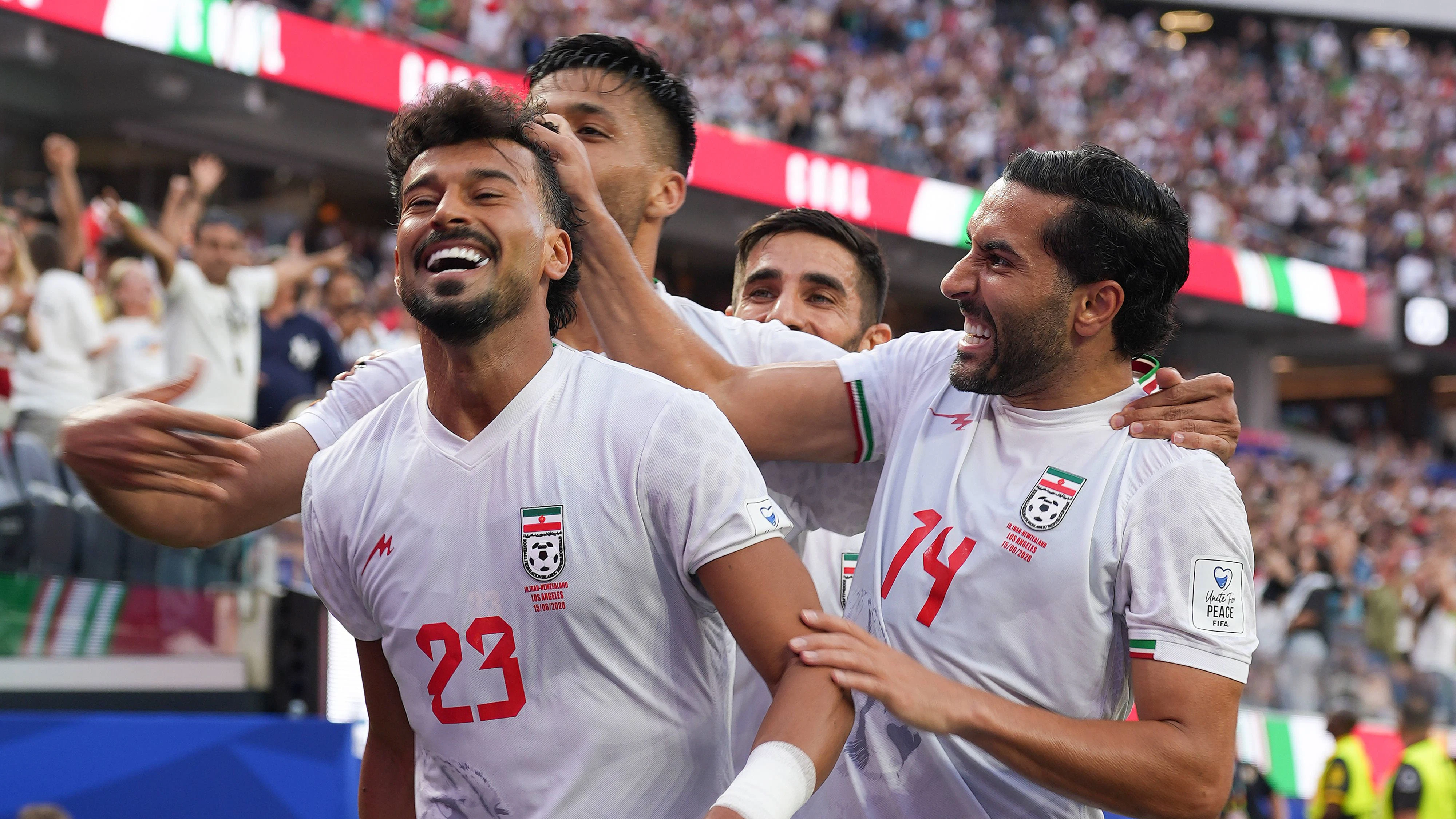 Ramin Rezaeian L and Saman Ghoddos R of Iran celebrate a goal during a Group G match of the 2026 FIFA World Cup, WM, Weltmeisterschaft, Fussball between Iran and New Zealand at SoFi Stadium in Los Angeles, USA, 15 June 2026. FIFA World Cup 2026 - Group G - Iran - New Zeland ACHTUNG: NUR REDAKTIONELLE NUTZUNG PUBLICATIONxINxGERxSUIxAUTxONLY Copyright: xOmarxAlonsox GR2215 20260616-55020607142_1