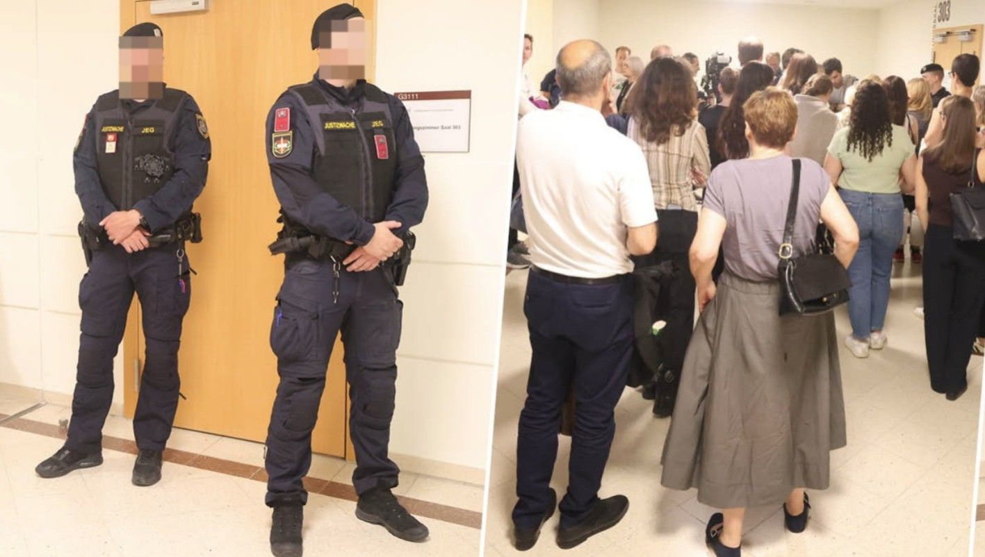 Strenge Bewachung vor dem Gerichtssaal, der Andrang der Kiebitze und der Presse war enorm.