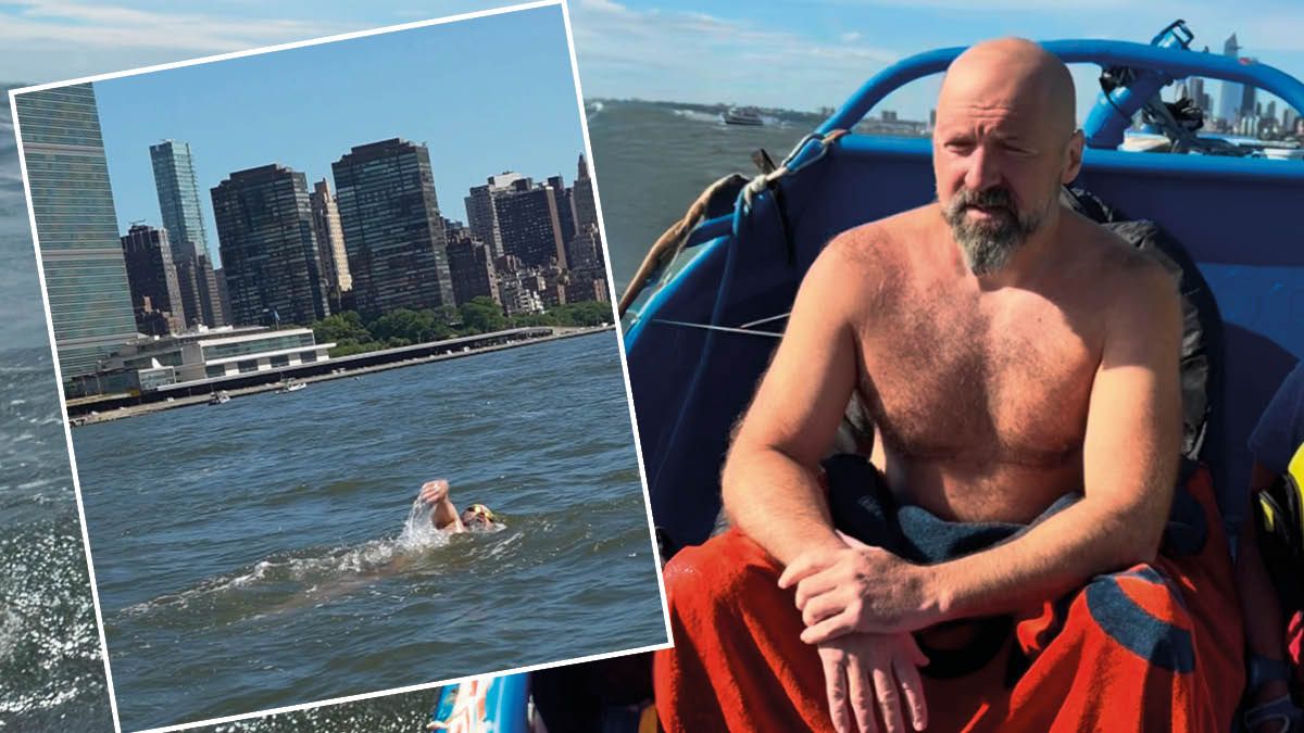 Extremschwimmer Josef Köberl schwimmt vor der berühmtesten Skyline der Welt.
