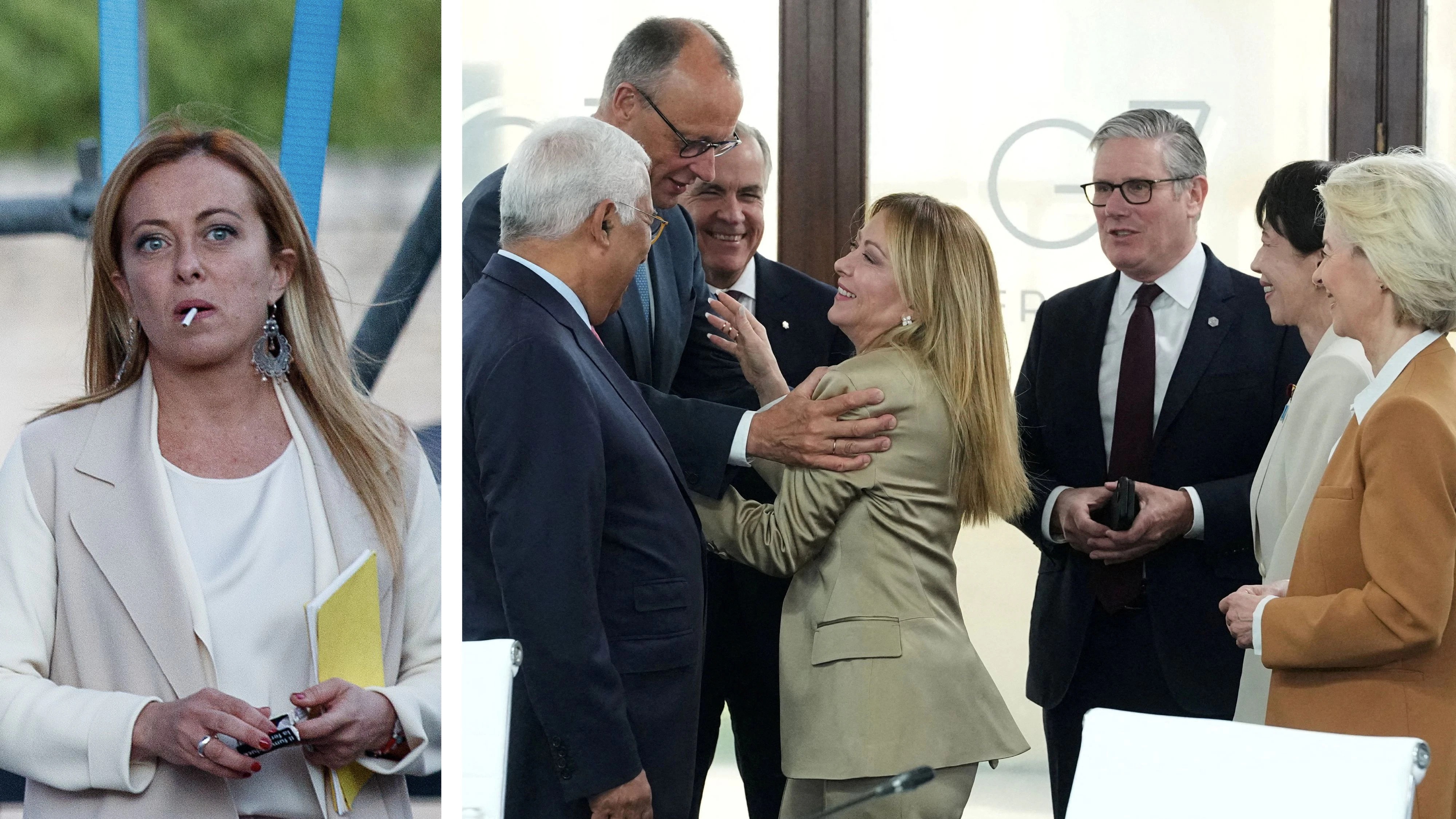 Meloni (links am Rande einer Sitzung in Rom im Jahr 2022) hat zum Rauchen aufgehört - EU-Kollegen gratulierten (rechts am G7-Gipfel in Frankreich am 16. Juni 2026)