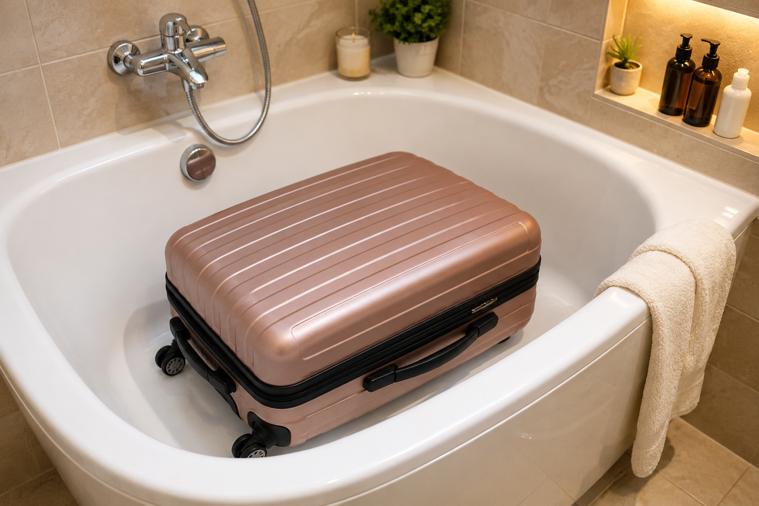 Der Koffer sollte zunächst in der Badewanne abgestellt werden.