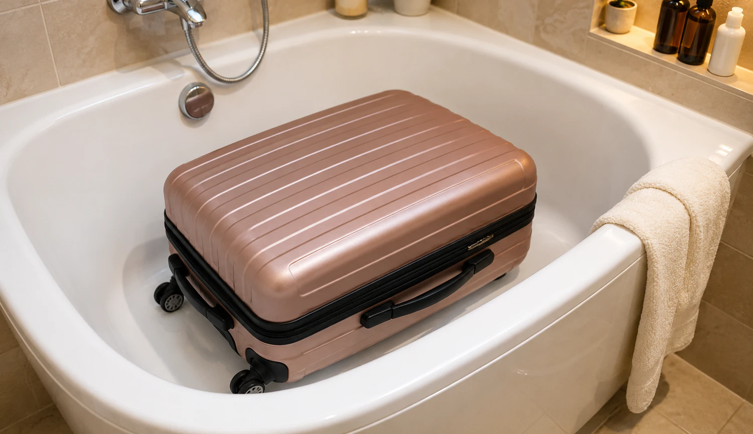 Der Koffer sollte zunächst in der Badewanne abgestellt werden.