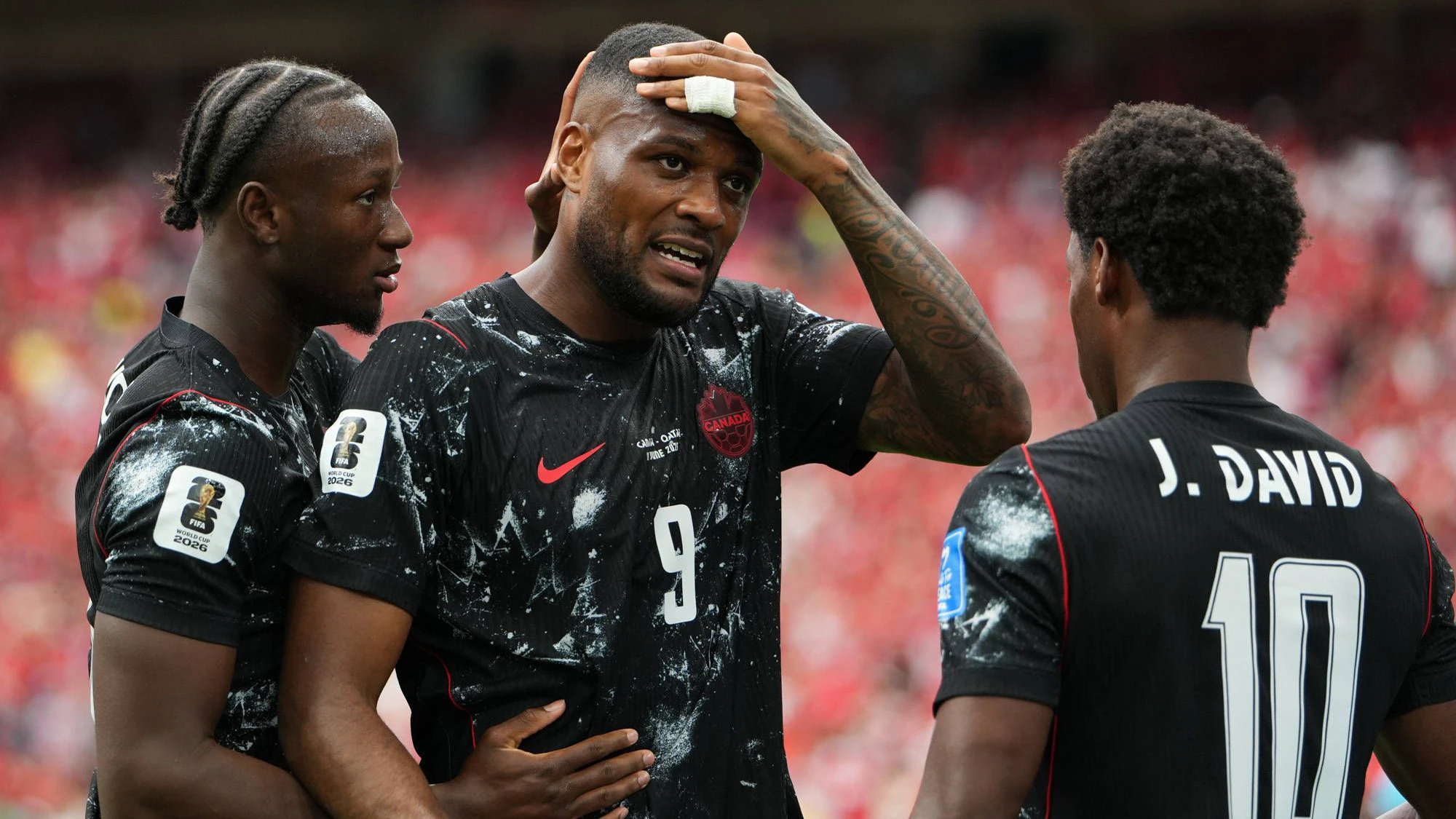 Canada v Qatar - FIFA World Cup, WM, Weltmeisterschaft, Fussball 2026 - Group B VANCOUVER, CANADA - JUNE 18: Canada s Cyle Larin 9, Jonathan David 10 and Ismael Kone L celebrate after scoring during the 2026 FIFA World Cup Group B match between Canada and Qatar at BC Place Stadium in Vancouver, Canada, on June 18, 2026. Ercin Erturk / Anadolu Vancouver Canada. Editorial use only. Please get in touch for any other usage. PUBLICATIONxNOTxINxTURxUSAxCANxUKxJPNxITAxFRAxAUSxESPxBELxKORxRSAxHKGxNZL Copyright: x2026xAnadoluxErcinxErturkx