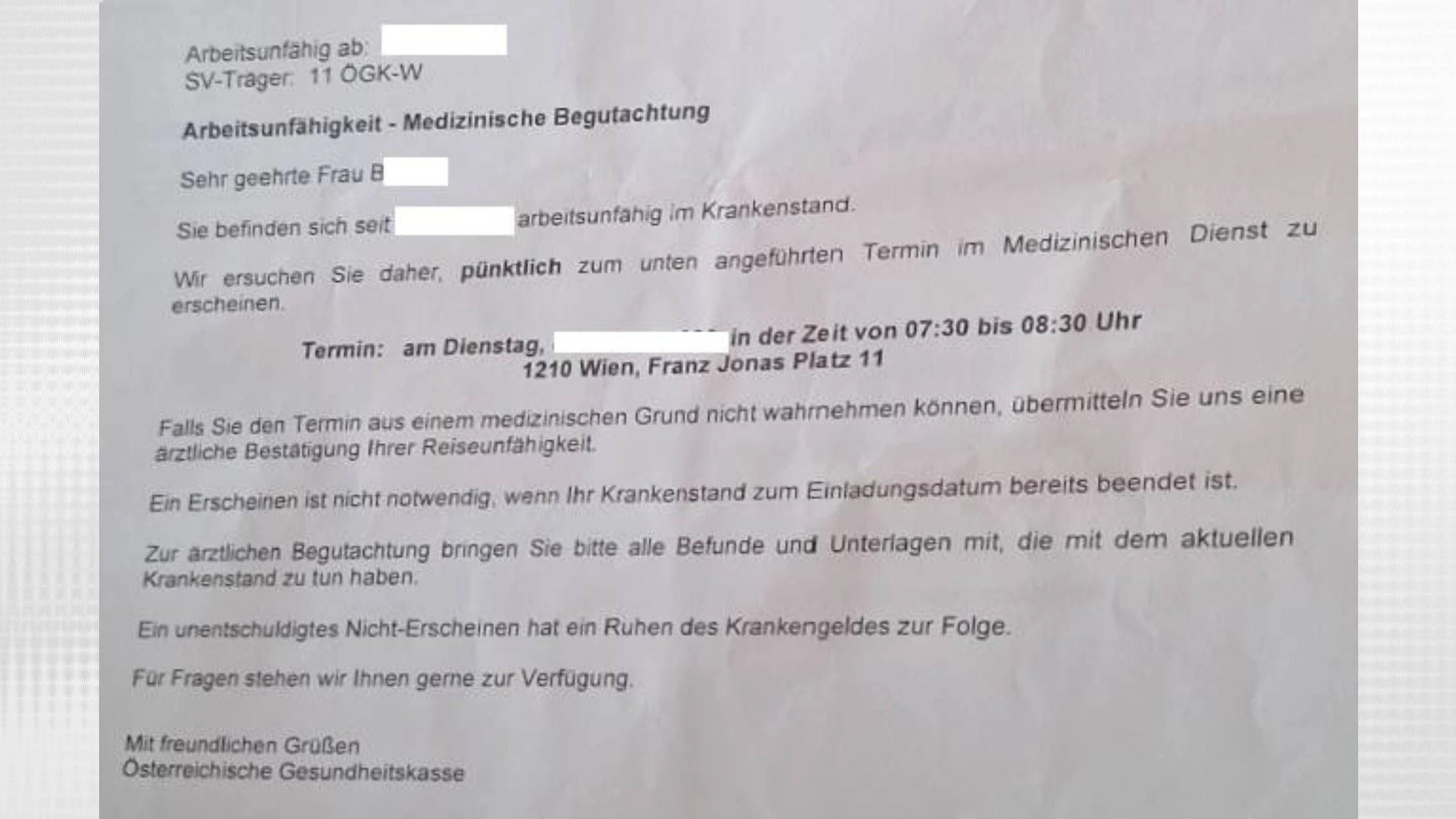 Der ÖGK-Kontrolleur warf eine Benachrichtigung für die Kontrolluntersuchung in den Postkasten.