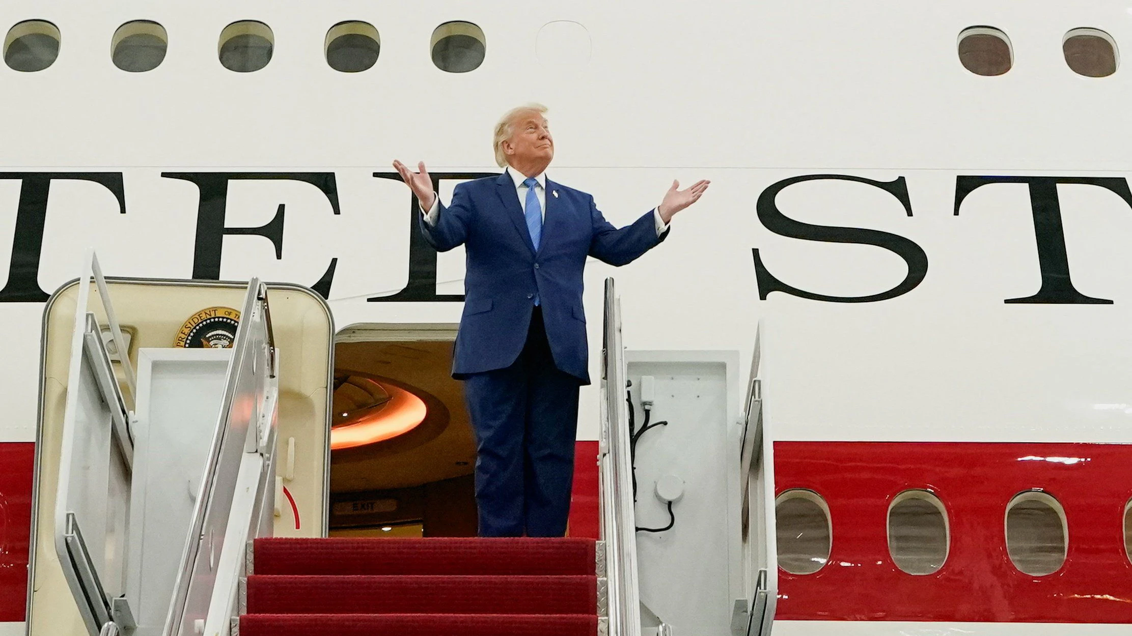 U.S. President Donald Trump gestures as he tours the VC-25B aircraft gifted by Qatar that will be used as Air Force One, at Joint Base Andrews, Maryland, U.S., June 19, 2026. REUTERS/Elizabeth Frantz